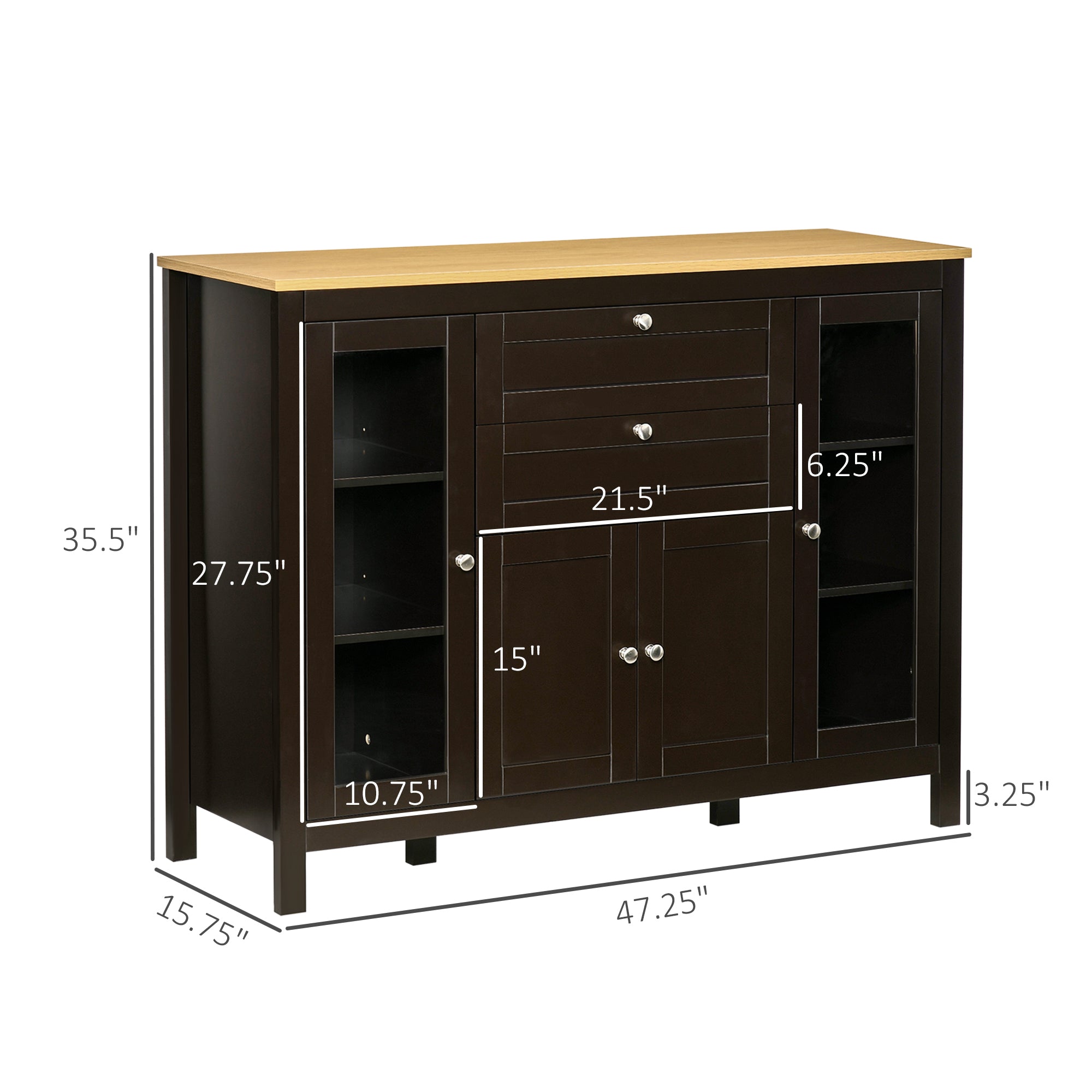 HOMCOM Sideboard Buffet Cabinet with 2 Drawers 3 Storage Cabinets, Coffee Bar Cabinet with Glass Doors, Kitchen Cabinet with Adjustable Shelves, Dark Brown