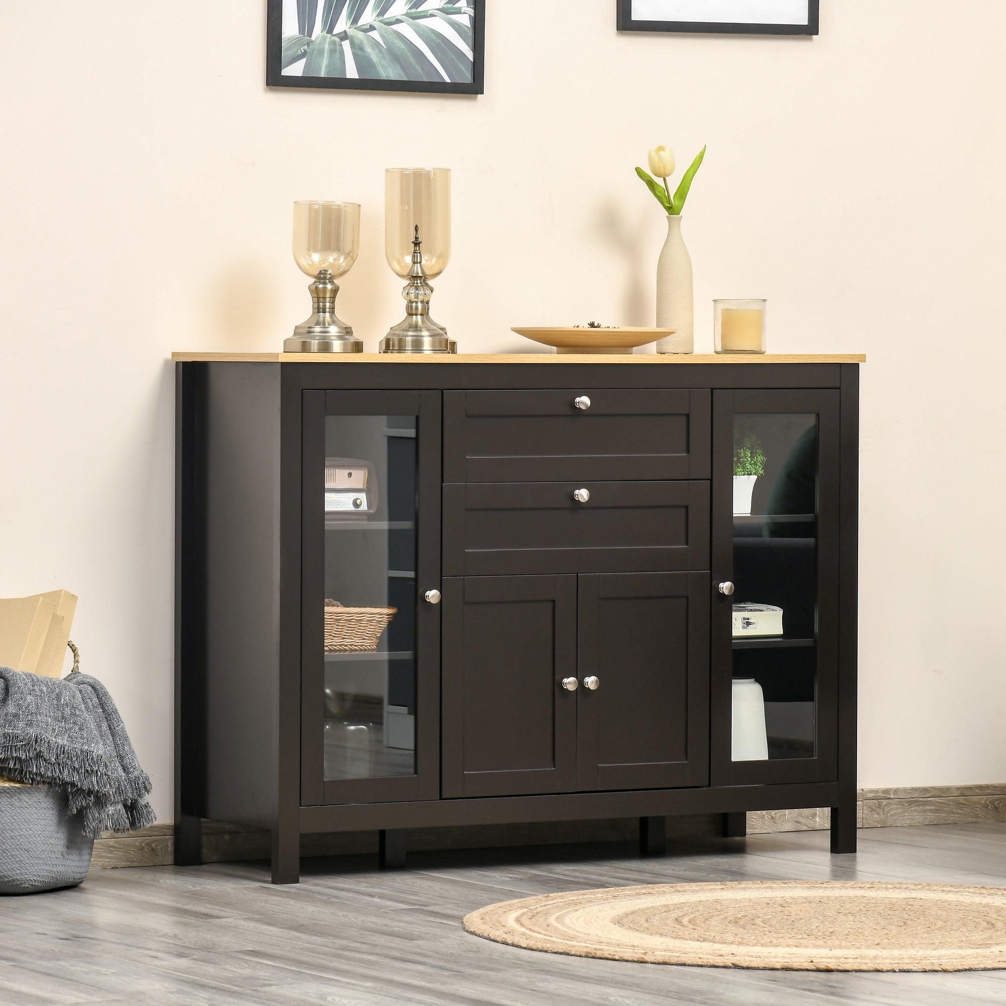 HOMCOM Sideboard Buffet Cabinet with 2 Drawers 3 Storage Cabinets, Coffee Bar Cabinet with Glass Doors, Kitchen Cabinet with Adjustable Shelves, Dark Brown