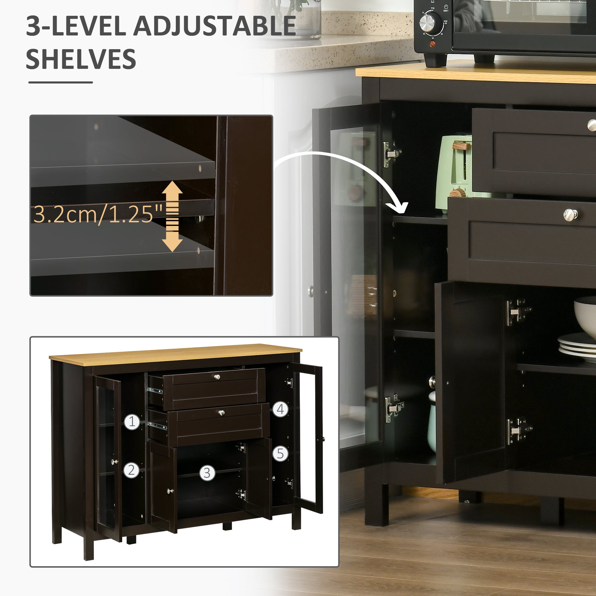 HOMCOM Sideboard Buffet Cabinet with 2 Drawers 3 Storage Cabinets, Coffee Bar Cabinet with Glass Doors, Kitchen Cabinet with Adjustable Shelves, Dark Brown