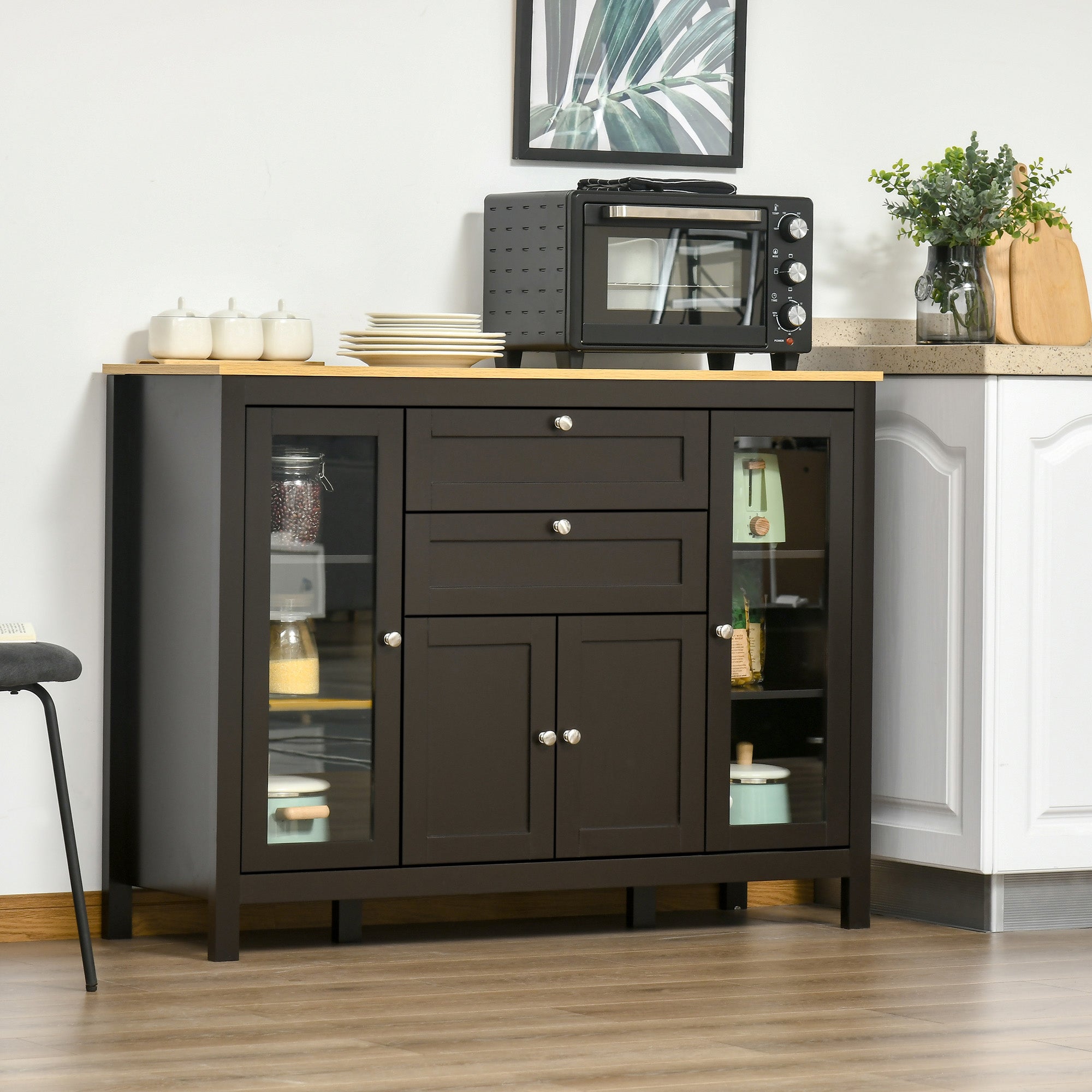 HOMCOM Sideboard Buffet Cabinet with 2 Drawers 3 Storage Cabinets, Coffee Bar Cabinet with Glass Doors, Kitchen Cabinet with Adjustable Shelves, Dark Brown