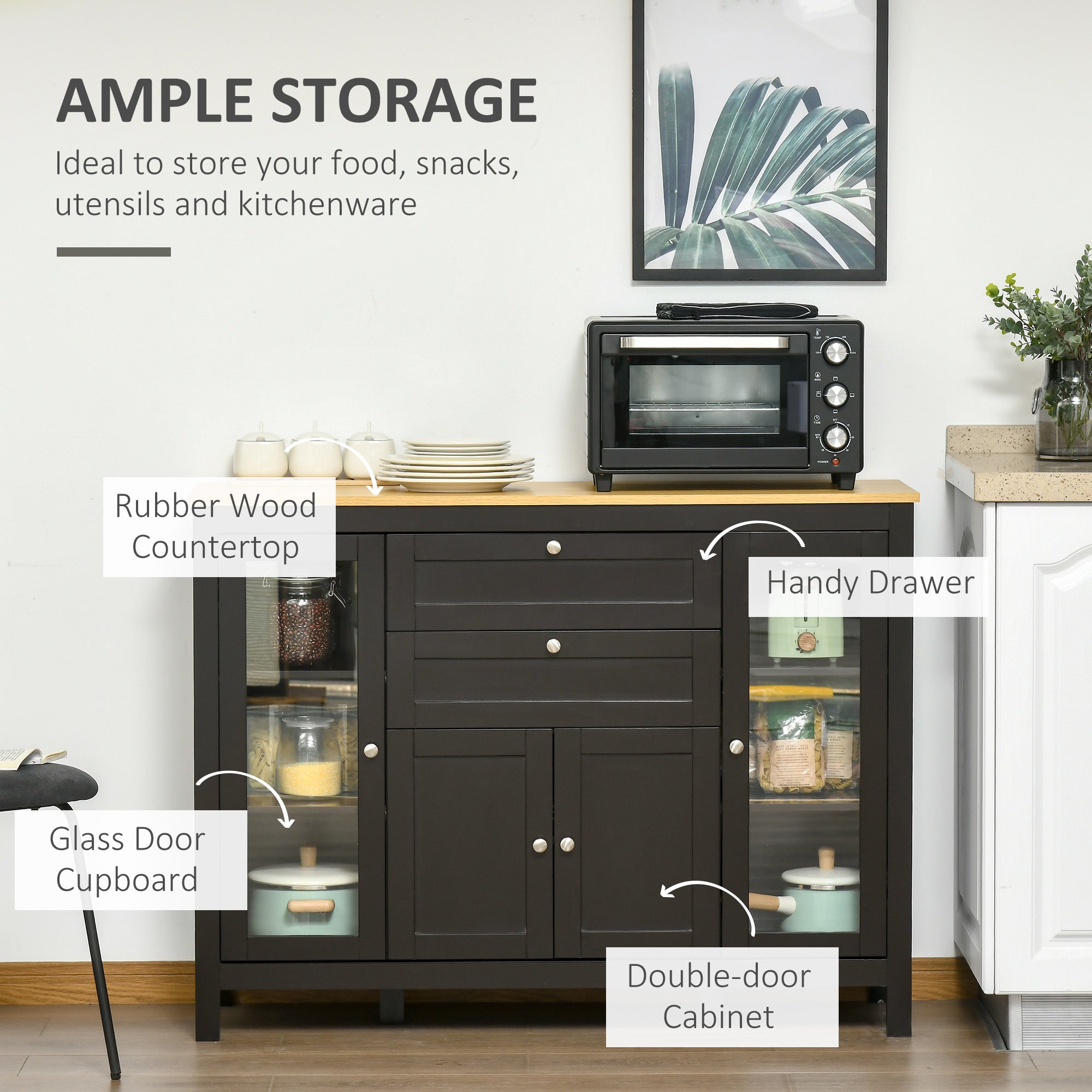 HOMCOM Sideboard Buffet Cabinet with 2 Drawers 3 Storage Cabinets, Coffee Bar Cabinet with Glass Doors, Kitchen Cabinet with Adjustable Shelves, Dark Brown