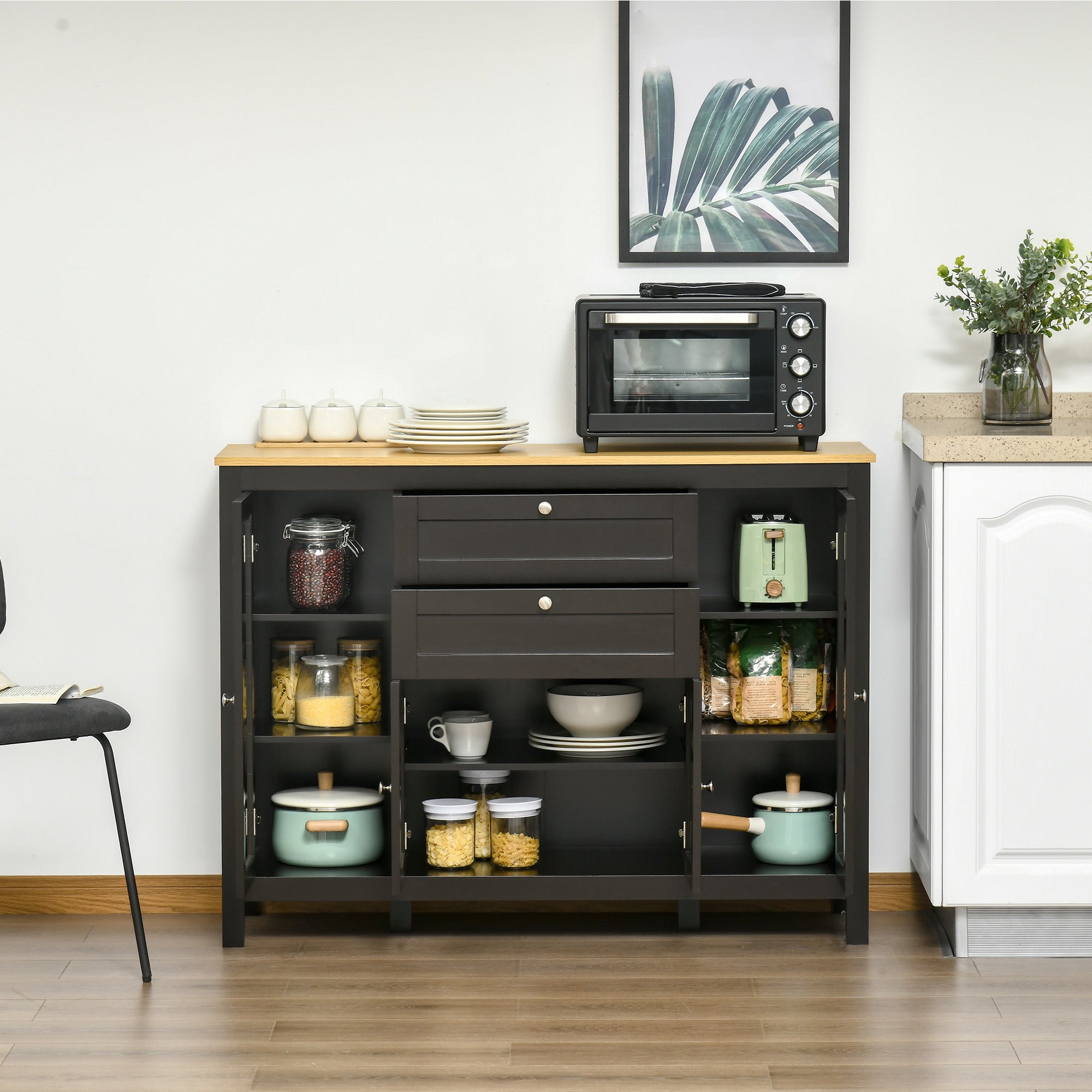 HOMCOM Sideboard Buffet Cabinet with 2 Drawers 3 Storage Cabinets, Coffee Bar Cabinet with Glass Doors, Kitchen Cabinet with Adjustable Shelves, Dark Brown