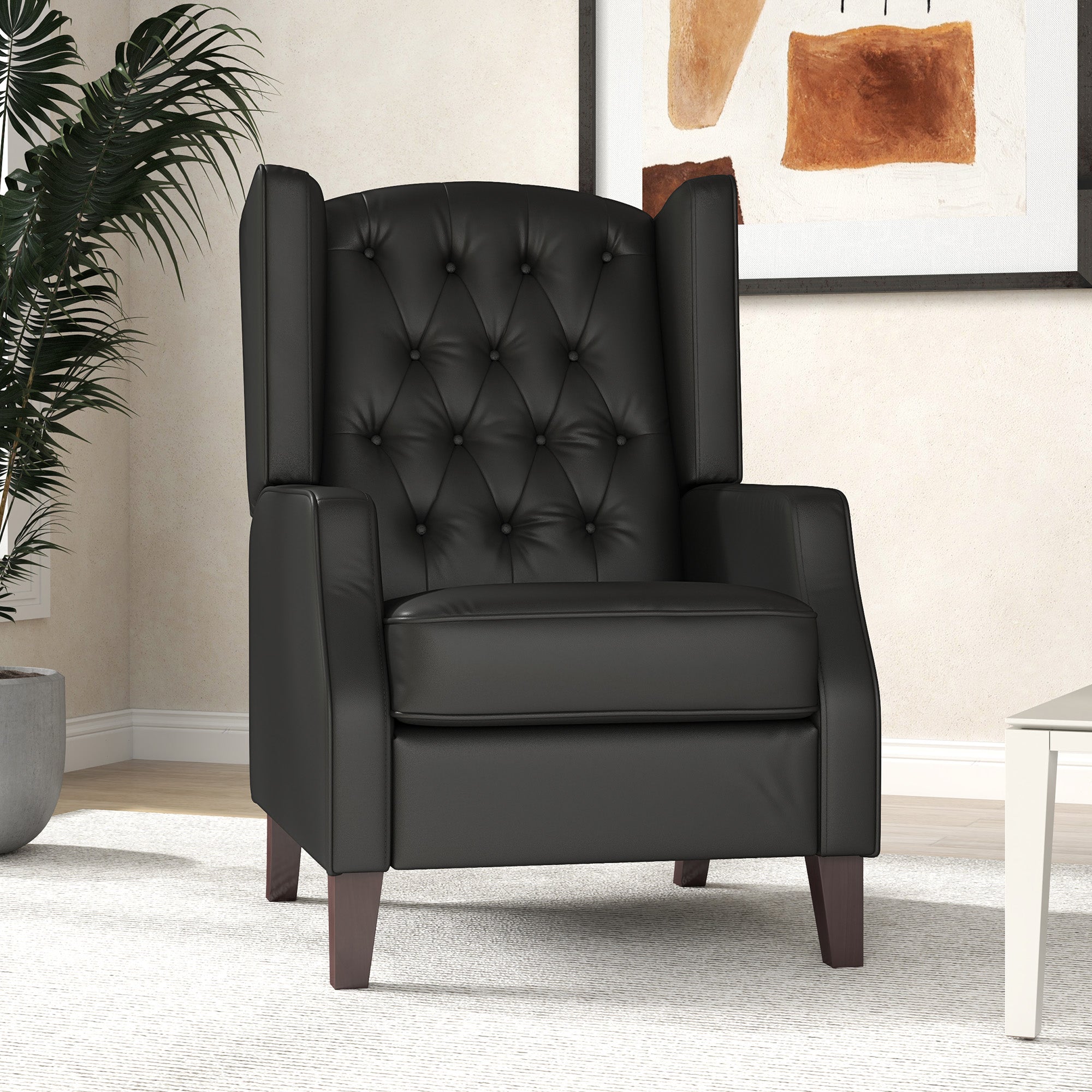 HOMCOM Faux Leather Accent Chair, Upholstered Wingback Armchair, Modern Button Tufted Living Room Chair with Thick Padding, Black