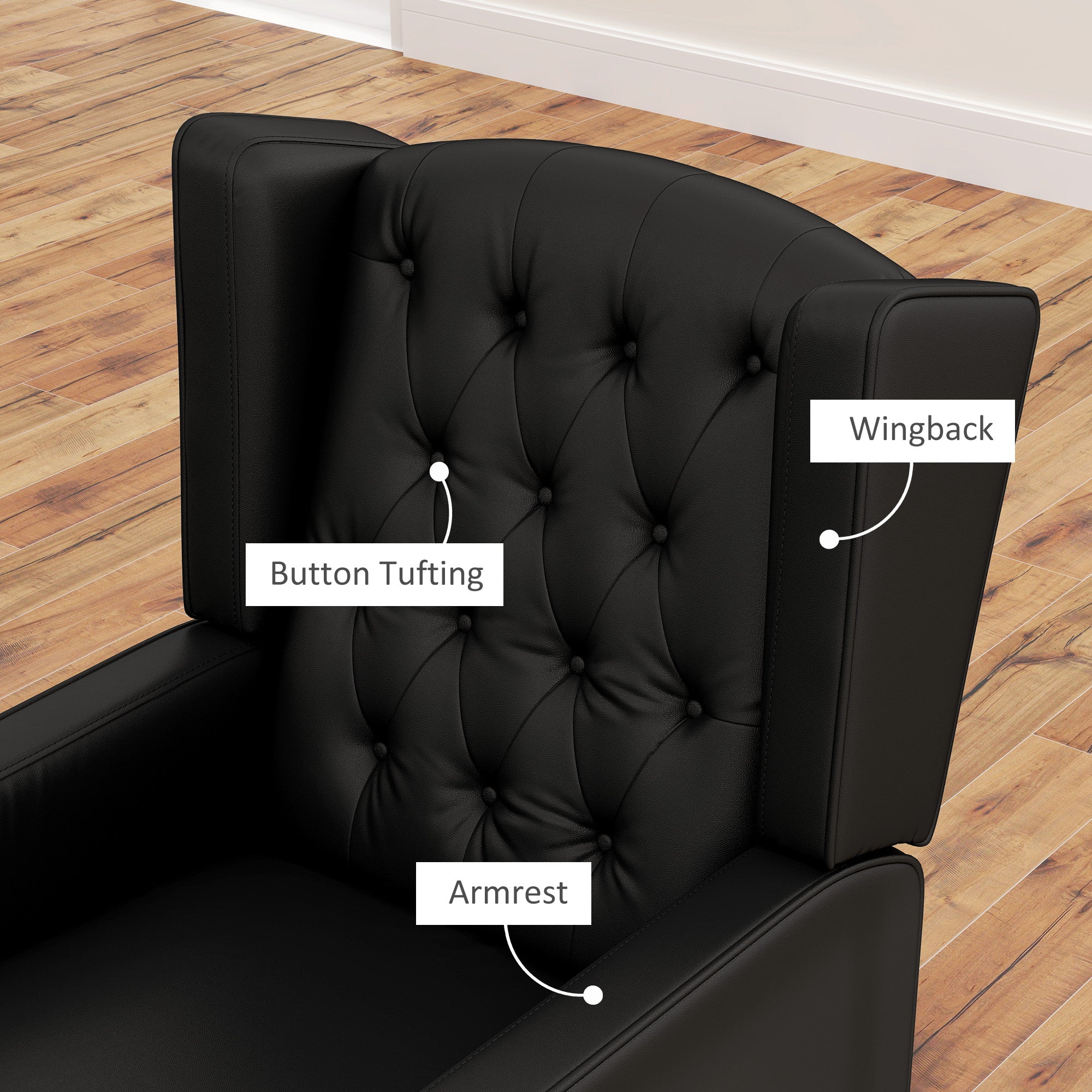 HOMCOM Faux Leather Accent Chair, Upholstered Wingback Armchair, Modern Button Tufted Living Room Chair with Thick Padding, Black