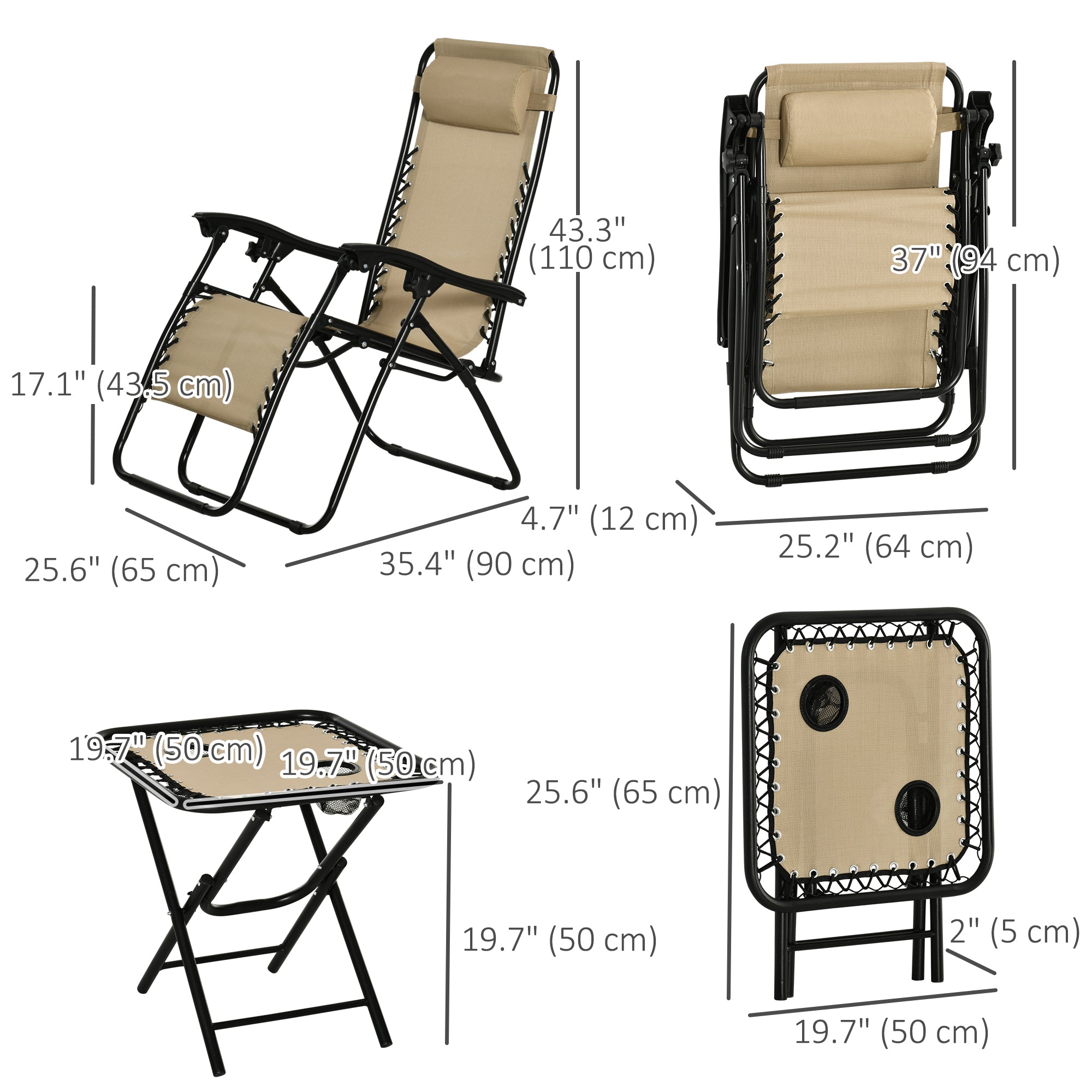 Outsunny Zero Gravity Chair Set of 2 with Side Table, Folding Lounge Chair with Cupholders & Pillows, Patio Chair Set for Pool, Backyard, Lawn, Beach, Beige