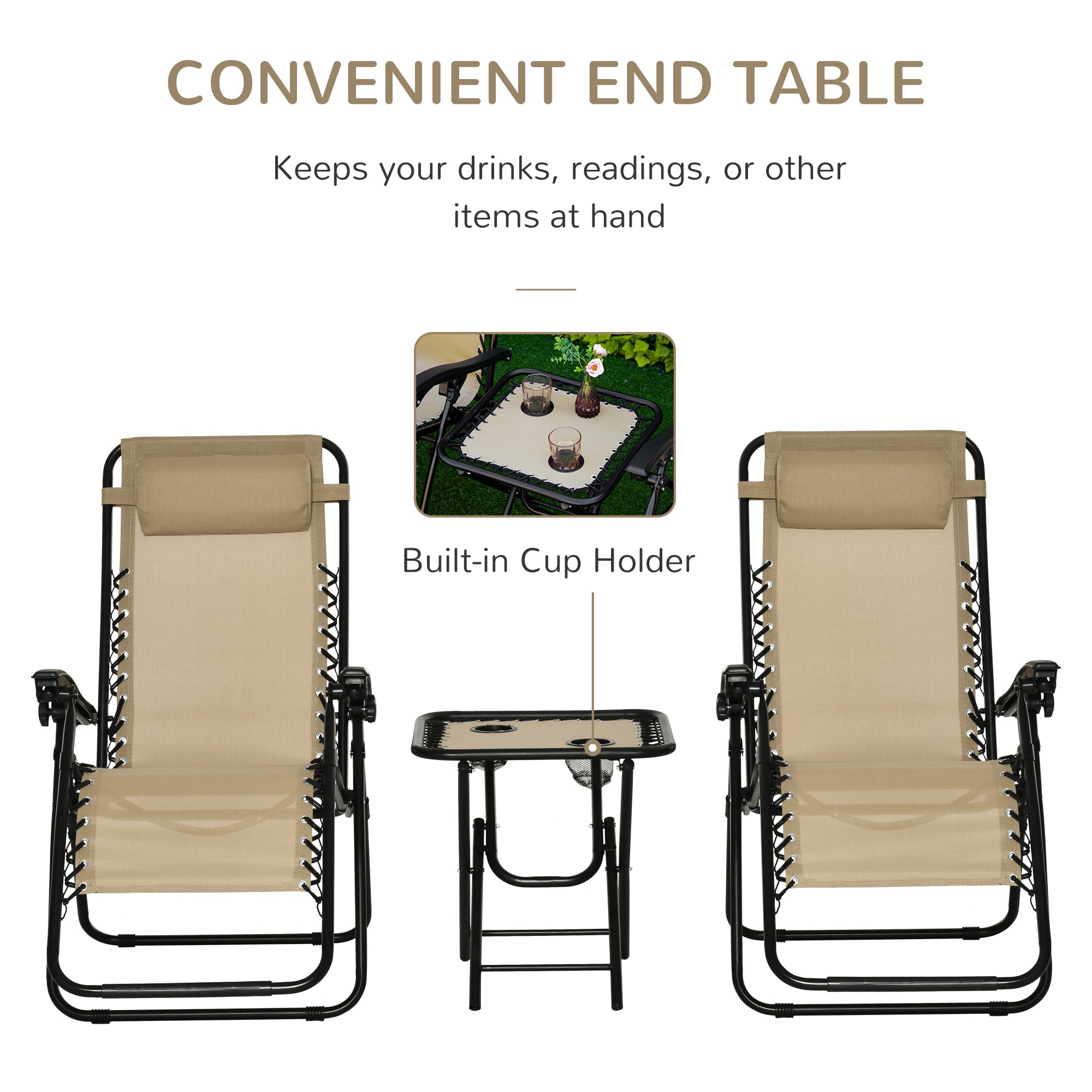 Outsunny Zero Gravity Chair Set of 2 with Side Table, Folding Lounge Chair with Cupholders & Pillows, Patio Chair Set for Pool, Backyard, Lawn, Beach, Beige