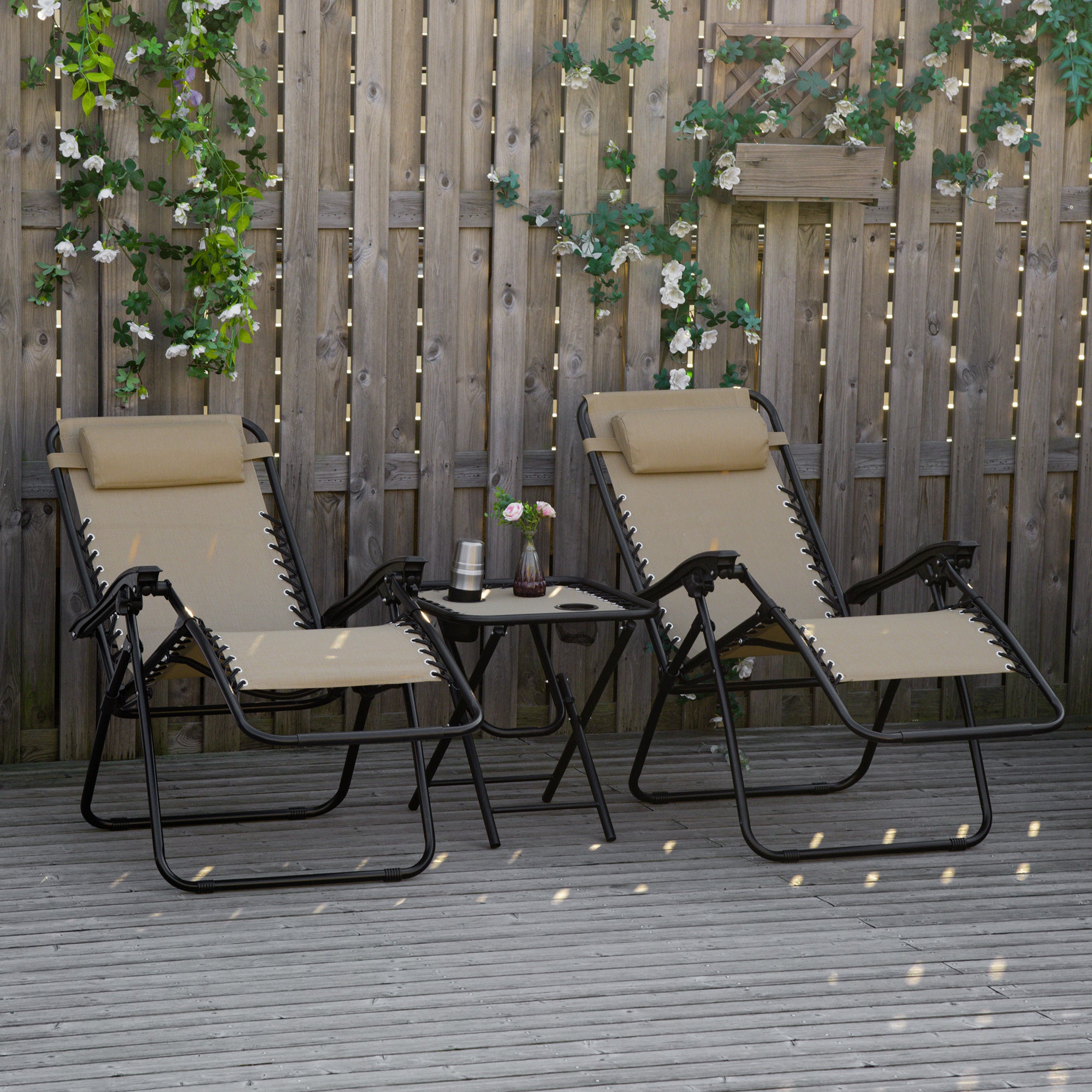 Outsunny Zero Gravity Chair Set of 2 with Side Table, Folding Lounge Chair with Cupholders & Pillows, Patio Chair Set for Pool, Backyard, Lawn, Beach, Beige