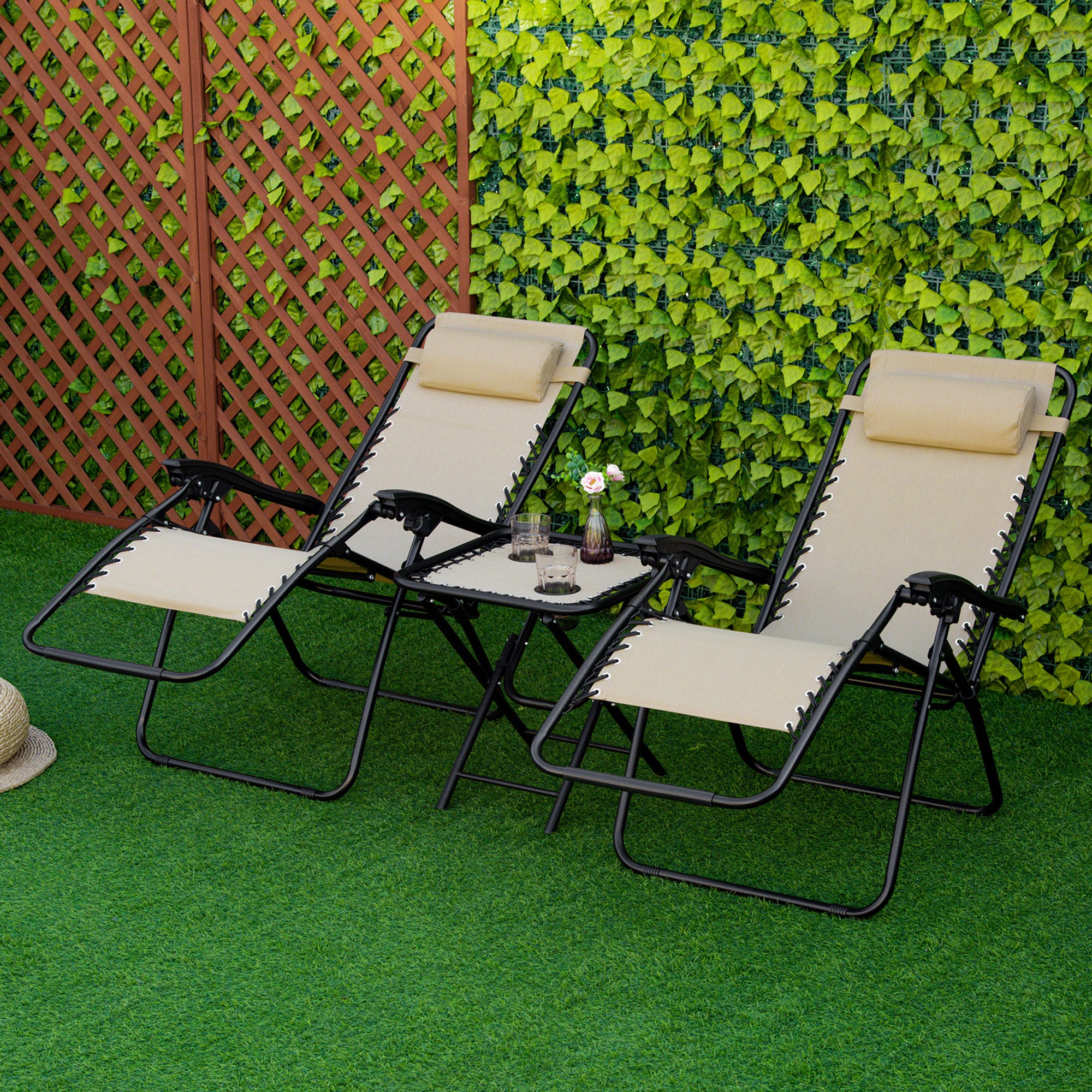 Outsunny Zero Gravity Chair Set of 2 with Side Table, Folding Lounge Chair with Cupholders & Pillows, Patio Chair Set for Pool, Backyard, Lawn, Beach, Beige