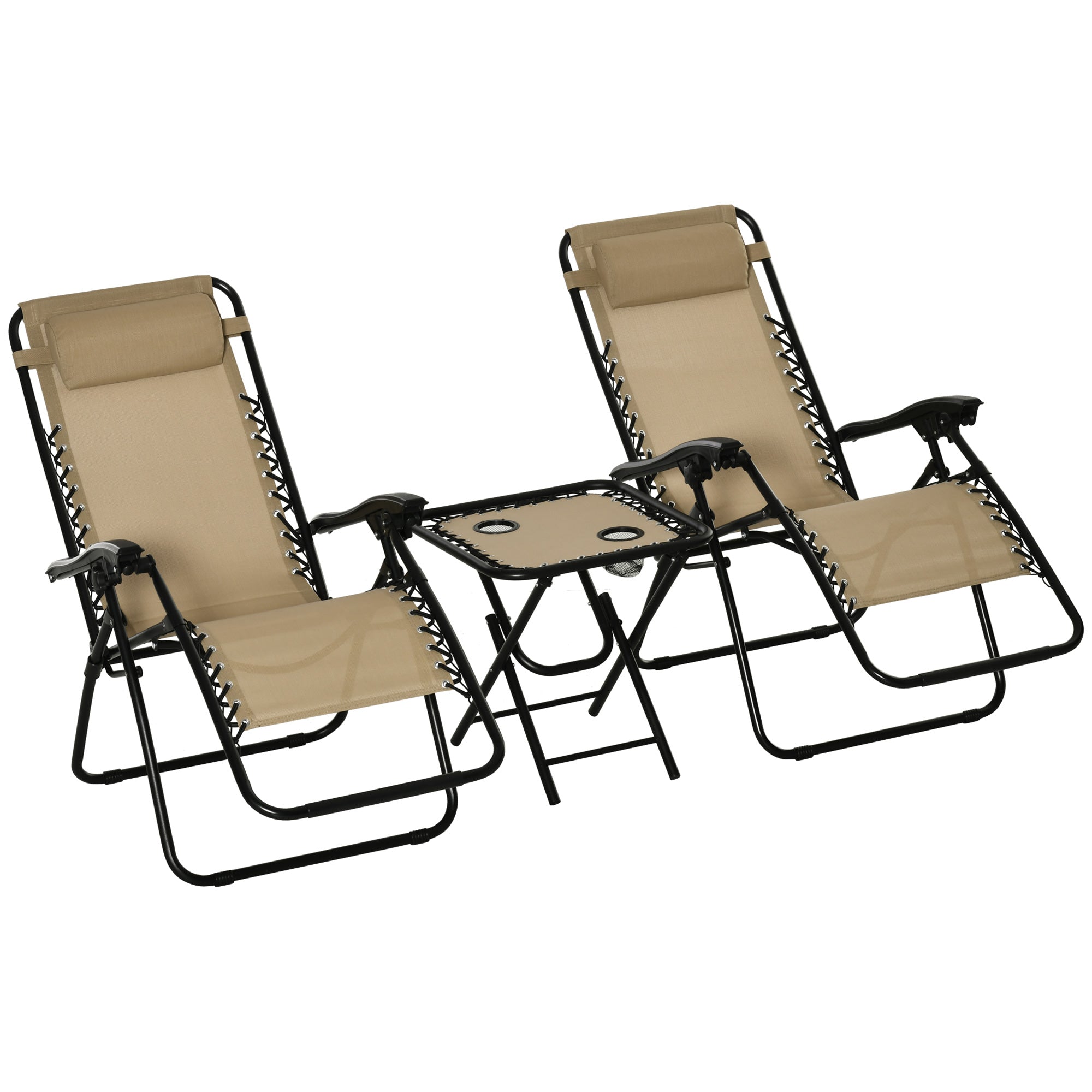 Outsunny Zero Gravity Chair Set of 2 with Side Table, Folding Lounge Chair with Cupholders & Pillows, Patio Chair Set for Pool, Backyard, Lawn, Beach, Beige
