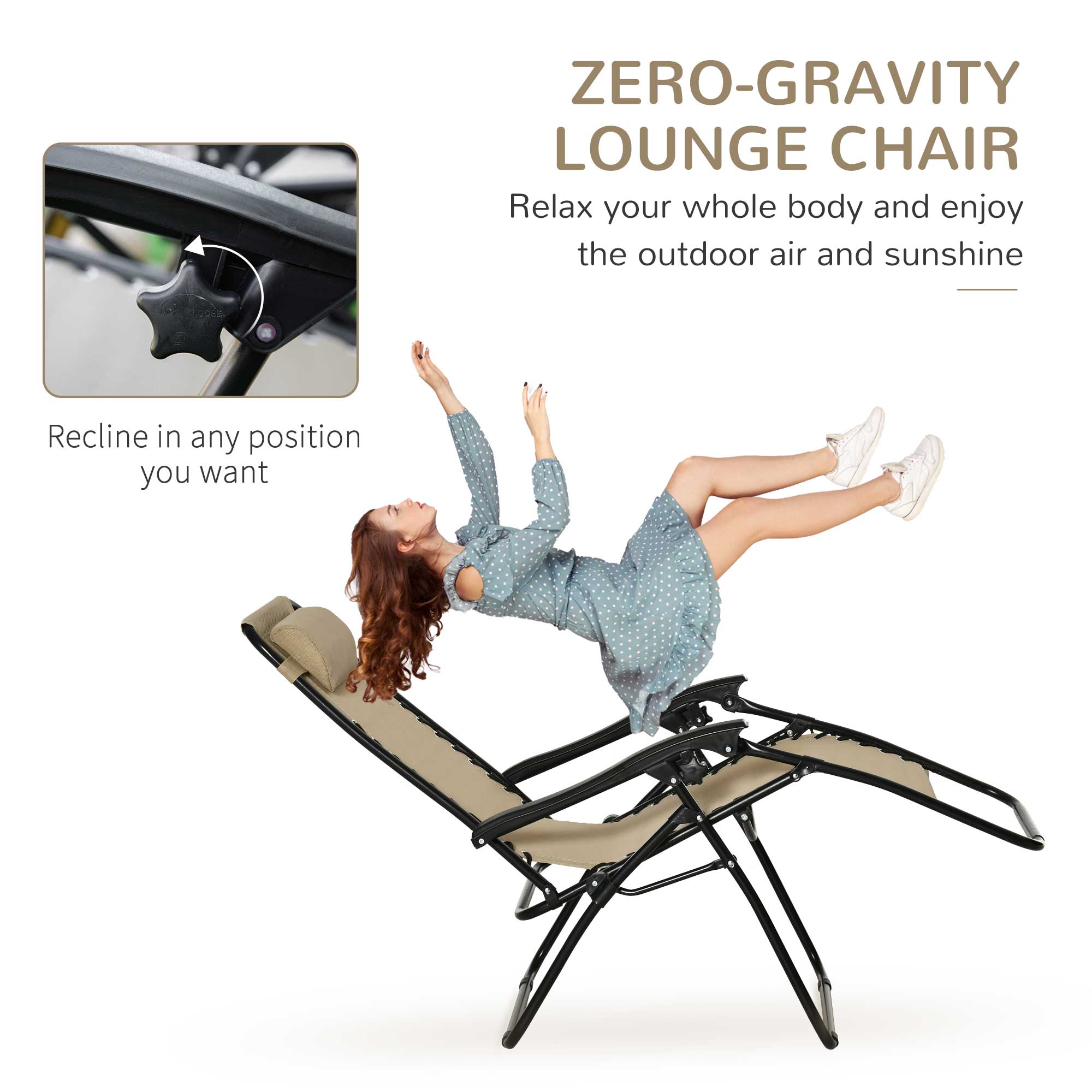 Outsunny Zero Gravity Chair Set of 2 with Side Table, Folding Lounge Chair with Cupholders & Pillows, Patio Chair Set for Pool, Backyard, Lawn, Beach, Beige