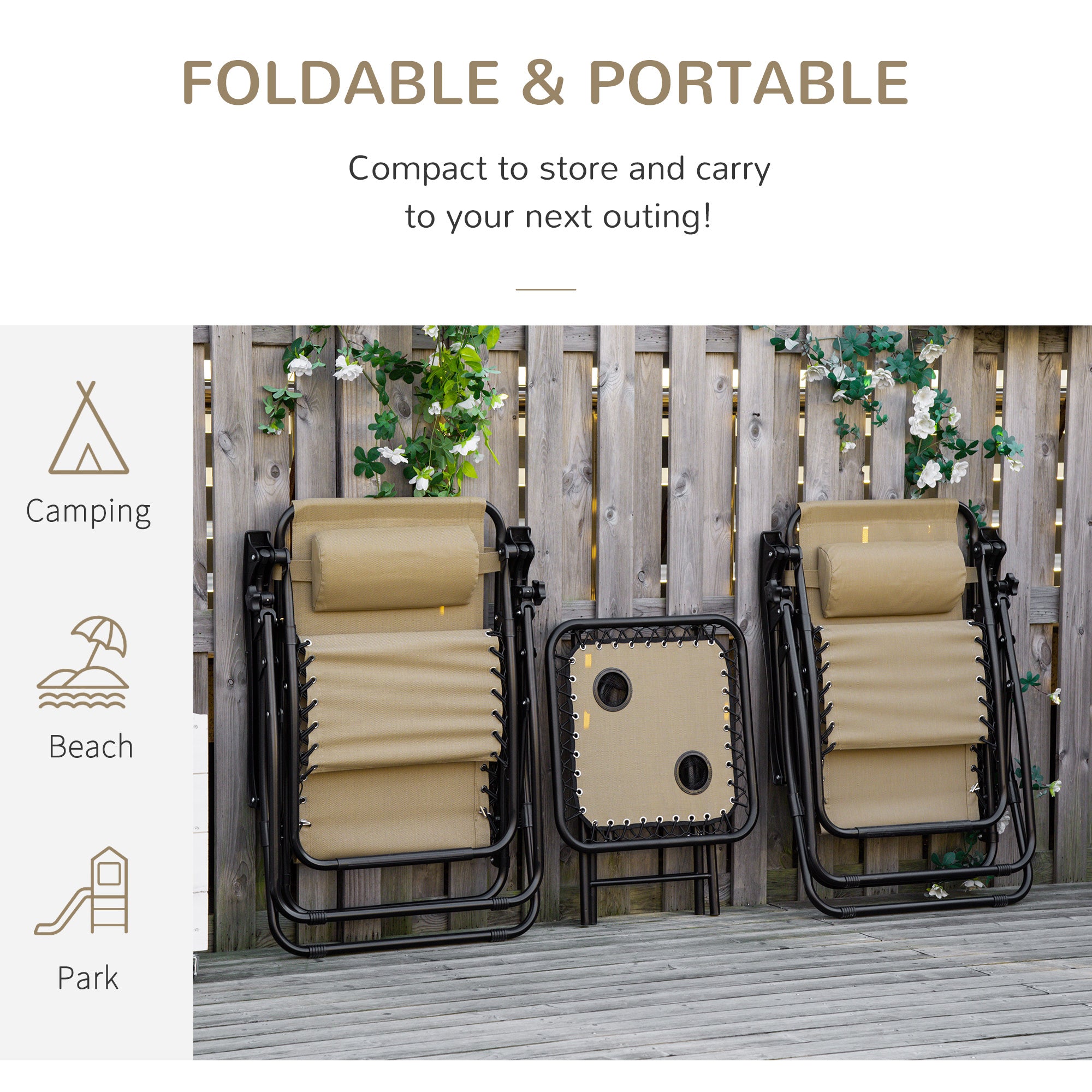 Outsunny Zero Gravity Chair Set of 2 with Side Table, Folding Lounge Chair with Cupholders & Pillows, Patio Chair Set for Pool, Backyard, Lawn, Beach, Beige