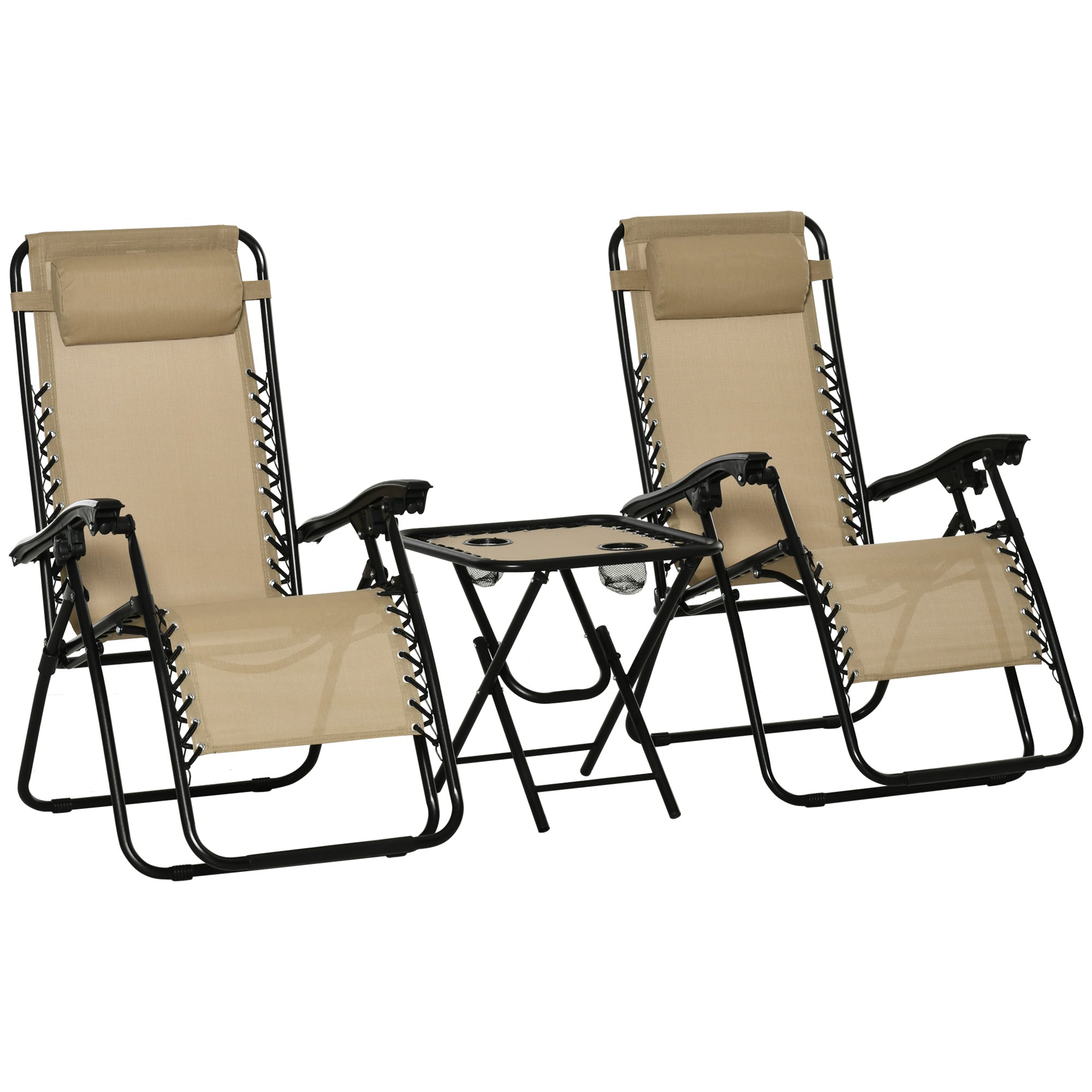 Outsunny Zero Gravity Chair Set of 2 with Side Table, Folding Lounge Chair with Cupholders & Pillows, Patio Chair Set for Pool, Backyard, Lawn, Beach, Beige
