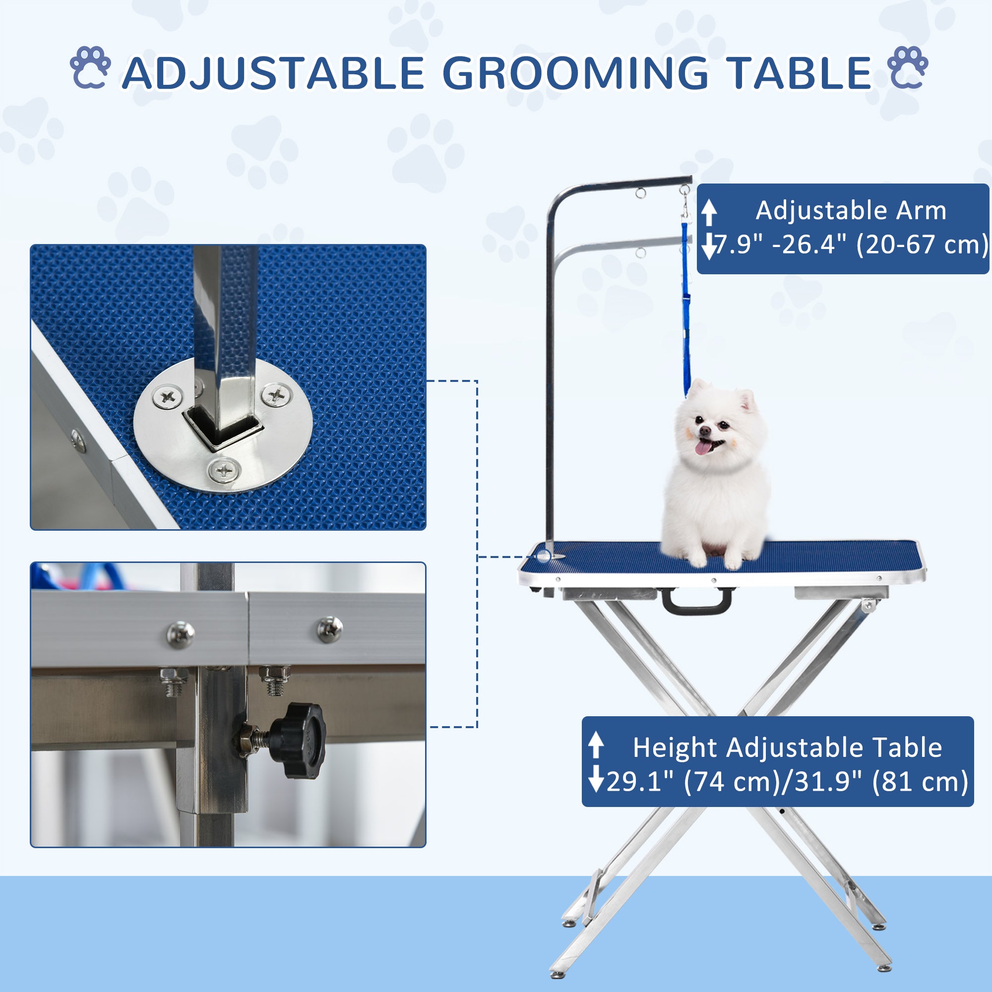 PawHut 28" Foldable Dog Grooming Table with Adjustable Arm, Non-Slip Surface, Pet Grooming Table for Medium Small Dogs, Cats, Blue