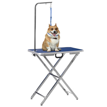 PawHut 28" Foldable Dog Grooming Table with Adjustable Arm, Non-Slip Surface, Pet Grooming Table for Medium Small Dogs, Cats, Blue