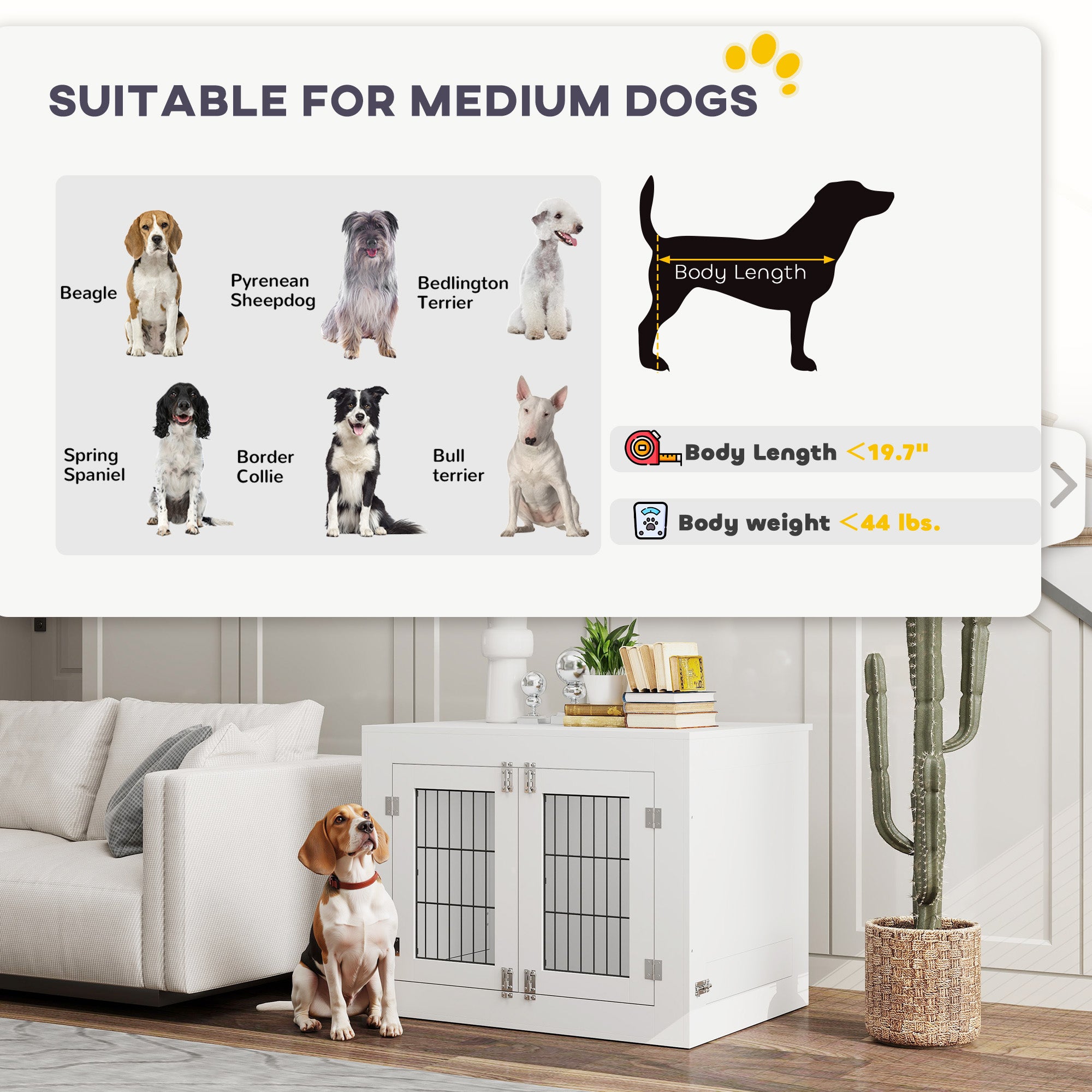 PawHut 31.5in Dog Crate Furniture with 360° Rotatable Removable Dog Bowls, Dog Kennel Side End Table with Two Doors, for Medium Dogs, 31.5" x 24" x 25", White