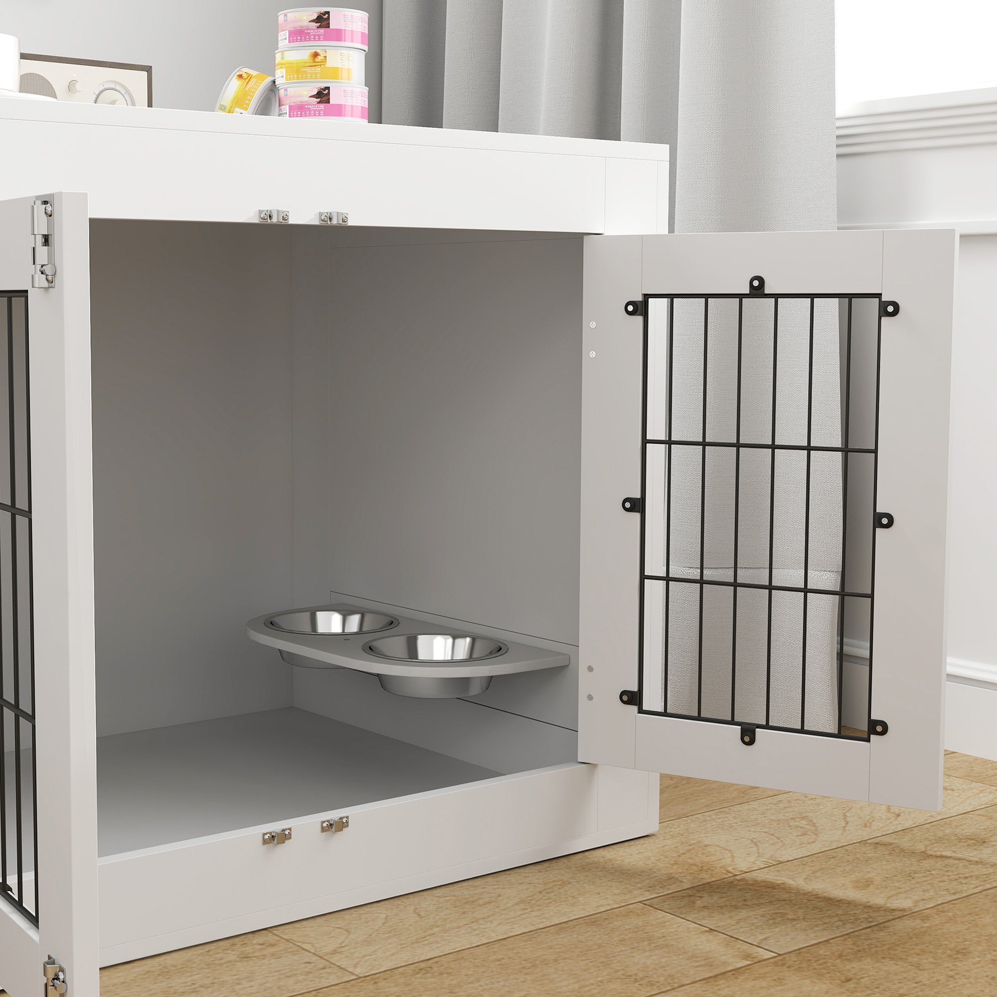 PawHut 31.5in Dog Crate Furniture with 360° Rotatable Removable Dog Bowls, Dog Kennel Side End Table with Two Doors, for Medium Dogs, 31.5" x 24" x 25", White