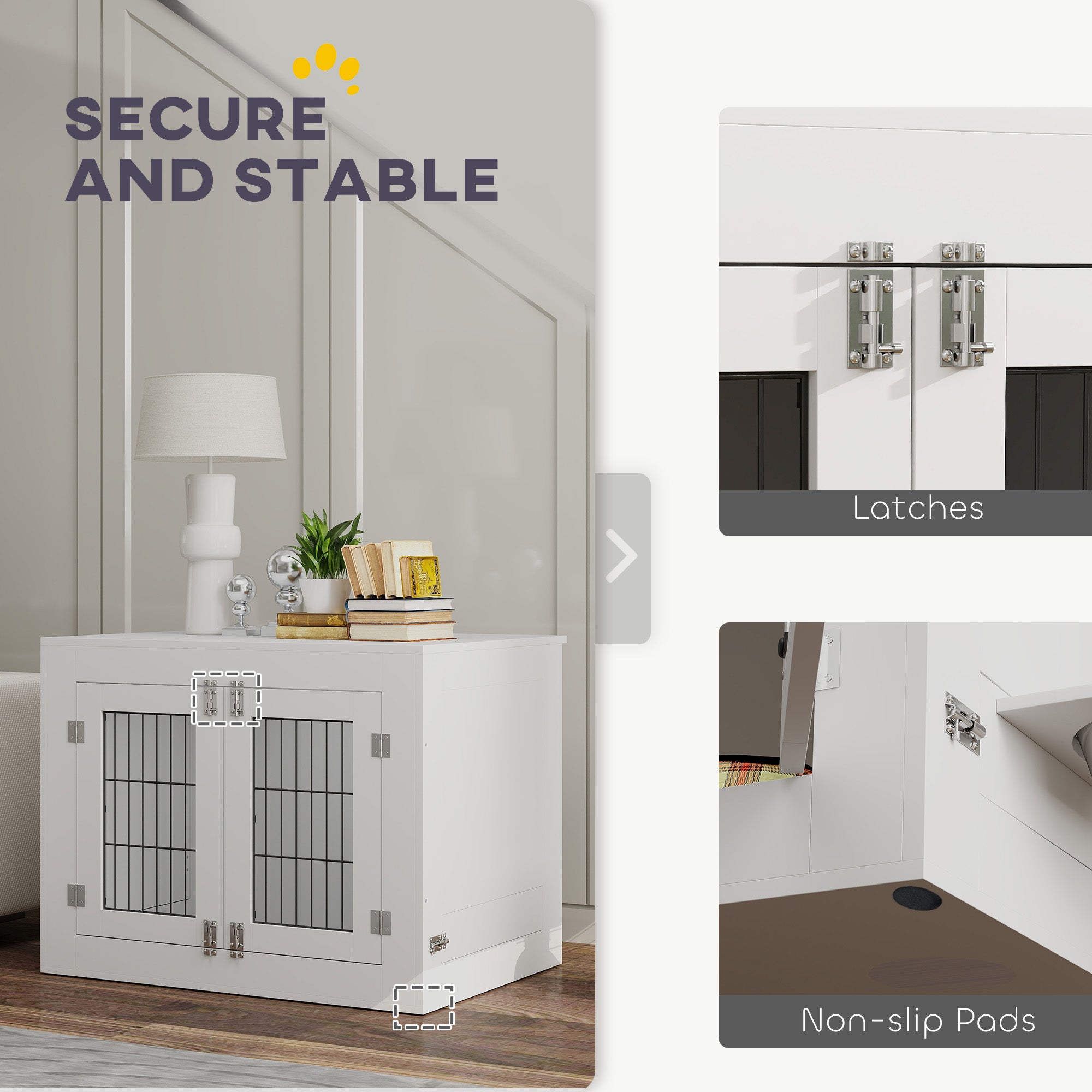 PawHut 31.5in Dog Crate Furniture with 360° Rotatable Removable Dog Bowls, Dog Kennel Side End Table with Two Doors, for Medium Dogs, 31.5" x 24" x 25", White