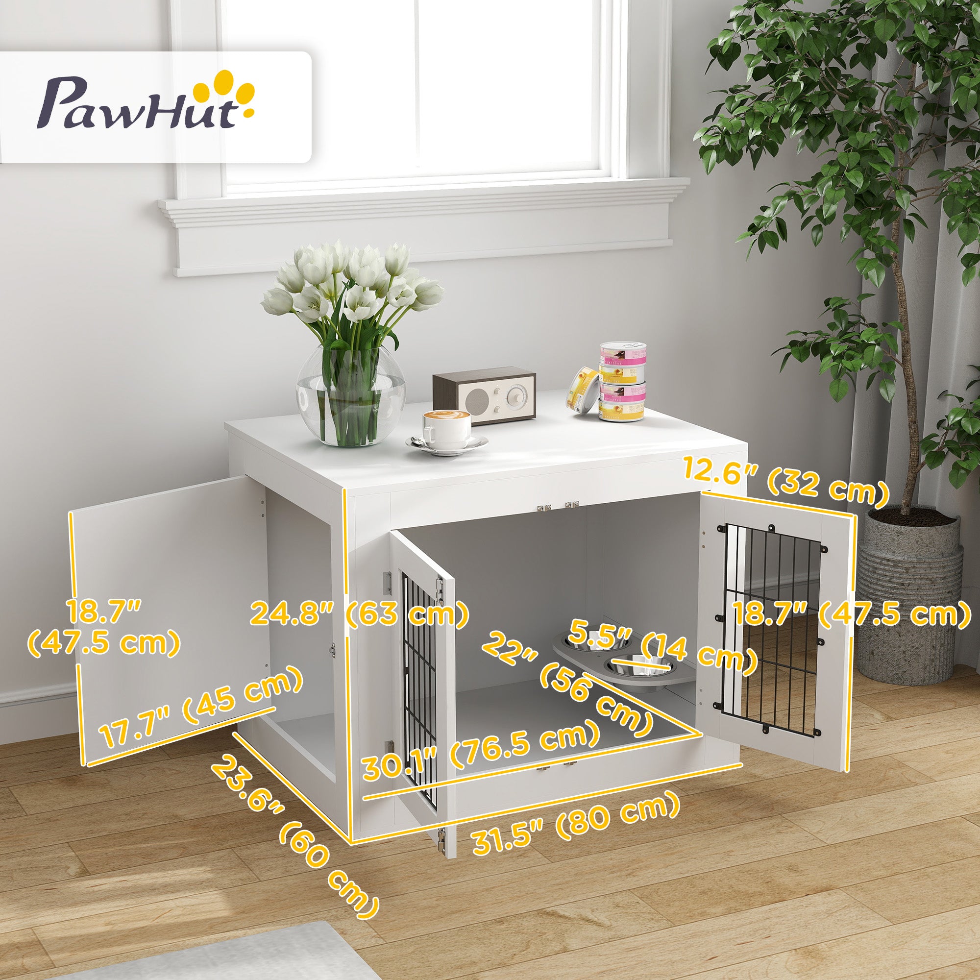 PawHut 31.5in Dog Crate Furniture with 360° Rotatable Removable Dog Bowls, Dog Kennel Side End Table with Two Doors, for Medium Dogs, 31.5" x 24" x 25", White