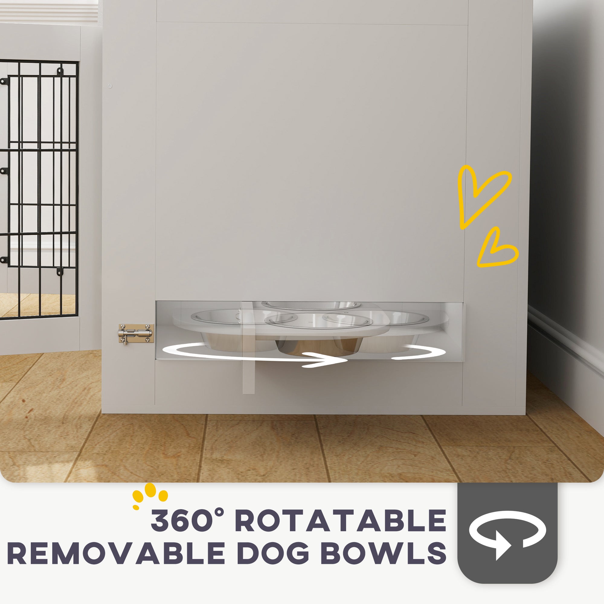 PawHut 31.5in Dog Crate Furniture with 360° Rotatable Removable Dog Bowls, Dog Kennel Side End Table with Two Doors, for Medium Dogs, 31.5" x 24" x 25", White