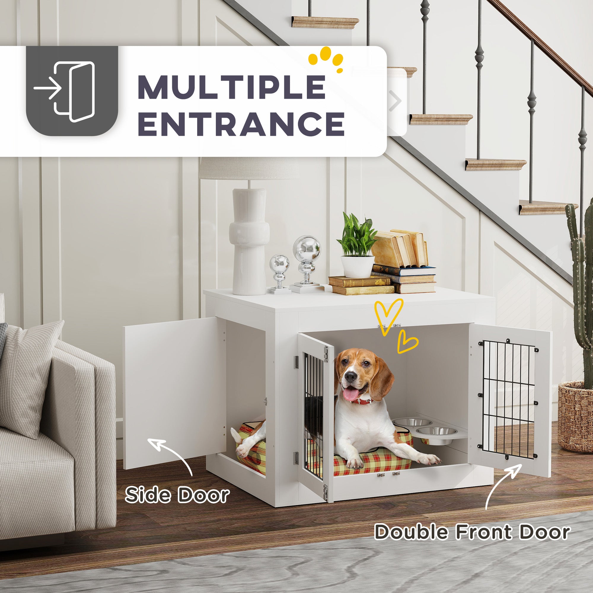 PawHut 31.5in Dog Crate Furniture with 360° Rotatable Removable Dog Bowls, Dog Kennel Side End Table with Two Doors, for Medium Dogs, 31.5" x 24" x 25", White