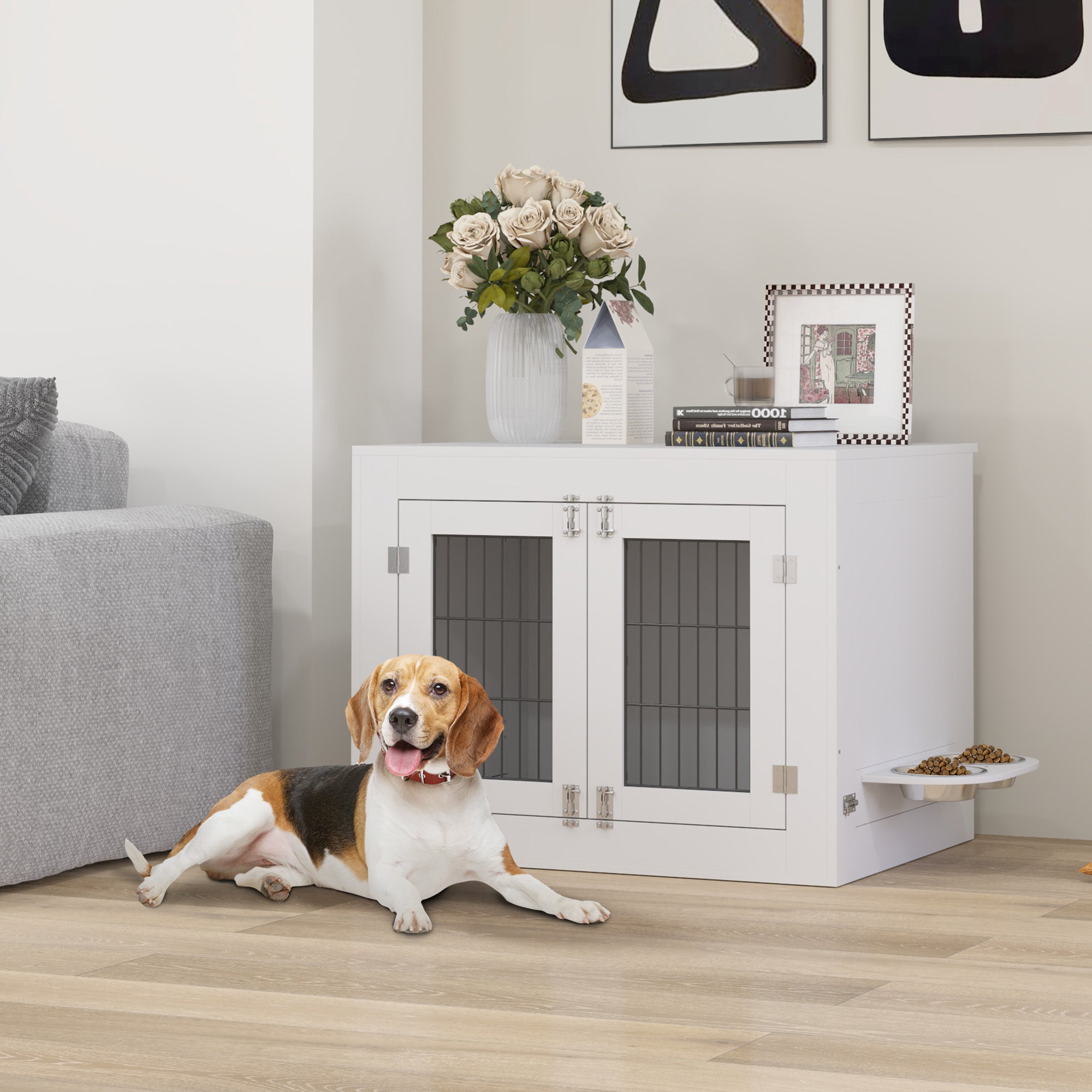 PawHut 31.5in Dog Crate Furniture with 360° Rotatable Removable Dog Bowls, Dog Kennel Side End Table with Two Doors, for Medium Dogs, 31.5" x 24" x 25", White