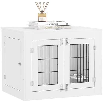 PawHut 31.5in Dog Crate Furniture with 360° Rotatable Removable Dog Bowls, Dog Kennel Side End Table with Two Doors, for Medium Dogs, 31.5" x 24" x 25", White