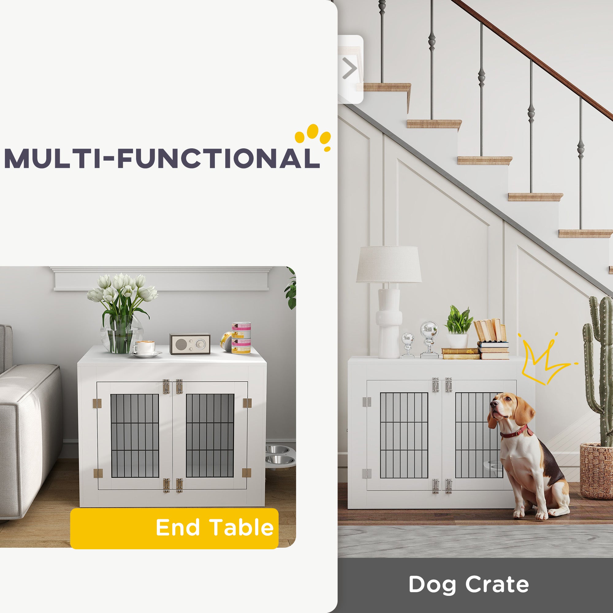 PawHut 31.5in Dog Crate Furniture with 360° Rotatable Removable Dog Bowls, Dog Kennel Side End Table with Two Doors, for Medium Dogs, 31.5" x 24" x 25", White