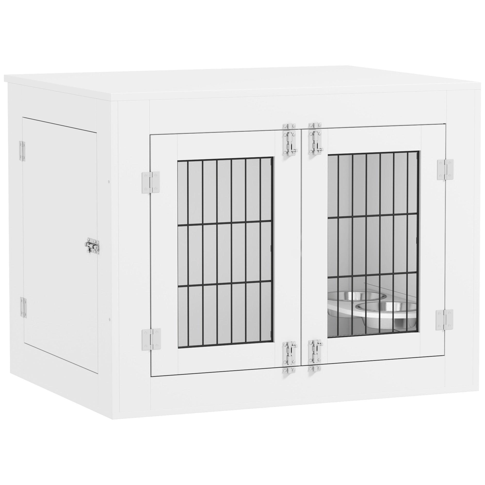 PawHut 31.5in Dog Crate Furniture with 360° Rotatable Removable Dog Bowls, Dog Kennel Side End Table with Two Doors, for Medium Dogs, 31.5" x 24" x 25", White