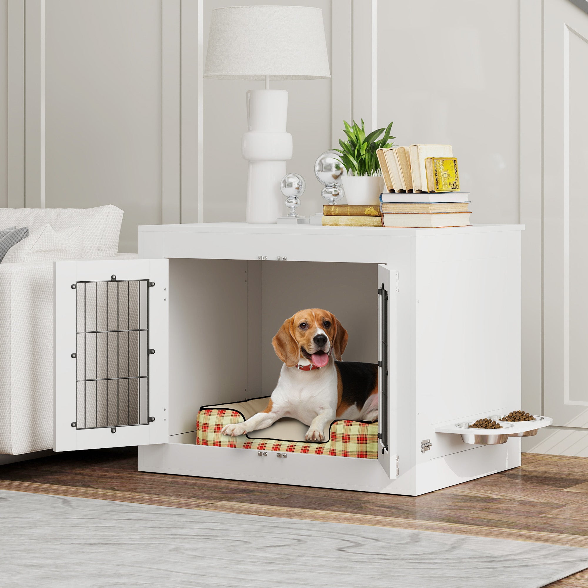 PawHut 31.5in Dog Crate Furniture with 360° Rotatable Removable Dog Bowls, Dog Kennel Side End Table with Two Doors, for Medium Dogs, 31.5" x 24" x 25", White