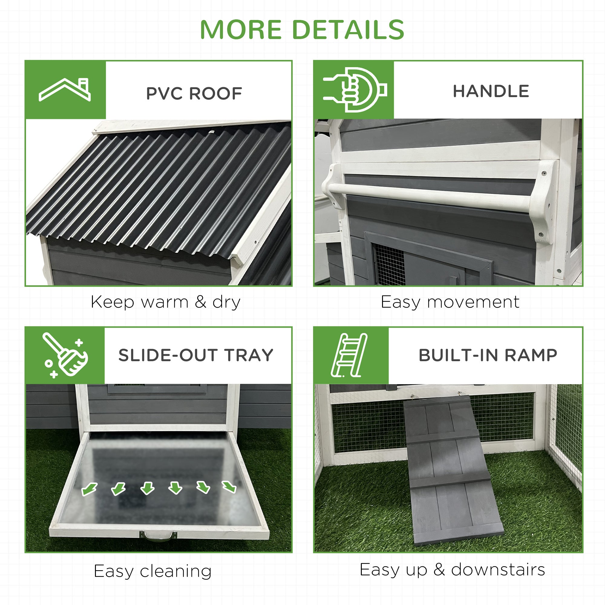PawHut 162" Large Chicken Coop Wooden for 6-8 Chickens with Handles, Outdoor Chicken Cage Hen House with 2 Nesting Boxes, Water-resistant Roof, Removable Tray, Ramp, Storm Gray