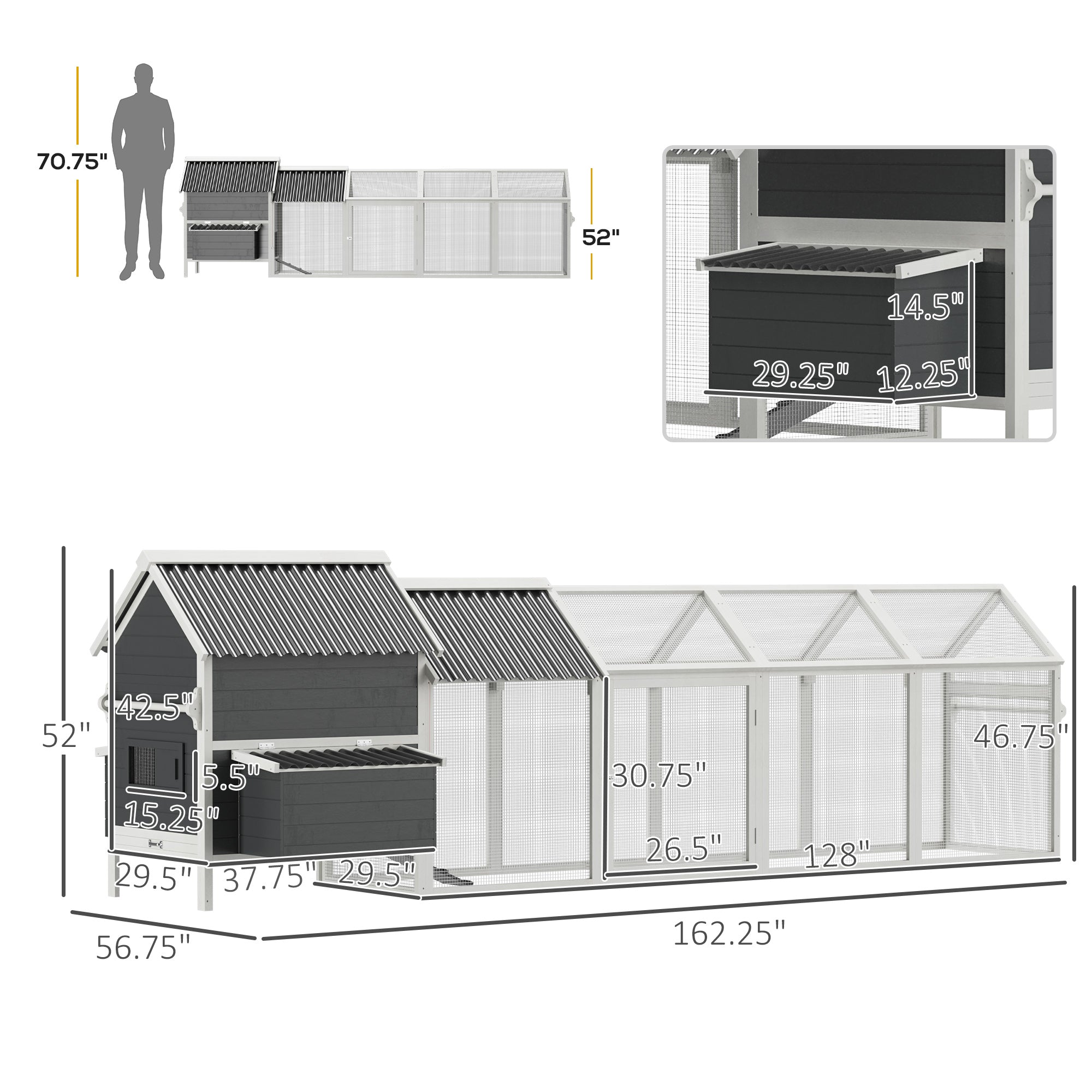 PawHut 162" Large Chicken Coop Wooden for 6-8 Chickens with Handles, Outdoor Chicken Cage Hen House with 2 Nesting Boxes, Water-resistant Roof, Removable Tray, Ramp, Storm Gray
