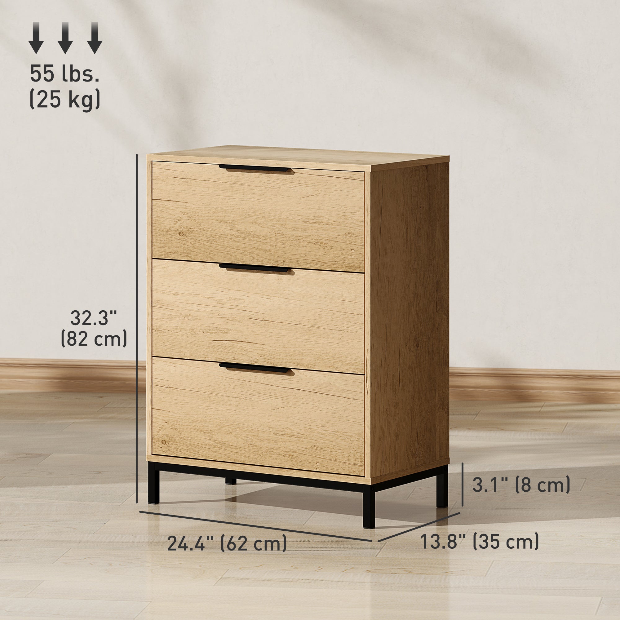 HOMCOM Dresser for Bedroom, 3 Drawer Dresser Tower, Tall Chest of Drawers, Storage Organizer Cabinet for Hallway, Entryway, Closet, Natural Wood Grain