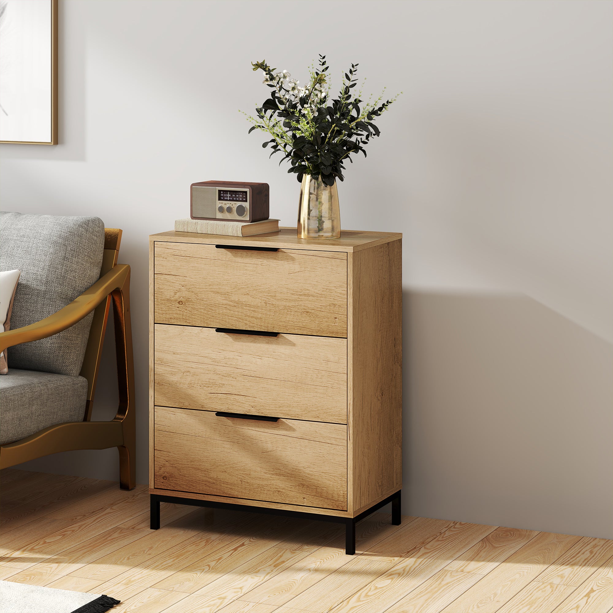 HOMCOM Dresser for Bedroom, 3 Drawer Dresser Tower, Tall Chest of Drawers, Storage Organizer Cabinet for Hallway, Entryway, Closet, Natural Wood Grain