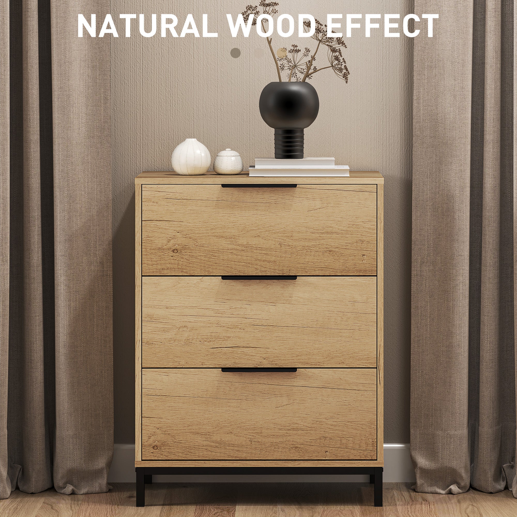 HOMCOM Dresser for Bedroom, 3 Drawer Dresser Tower, Tall Chest of Drawers, Storage Organizer Cabinet for Hallway, Entryway, Closet, Natural Wood Grain