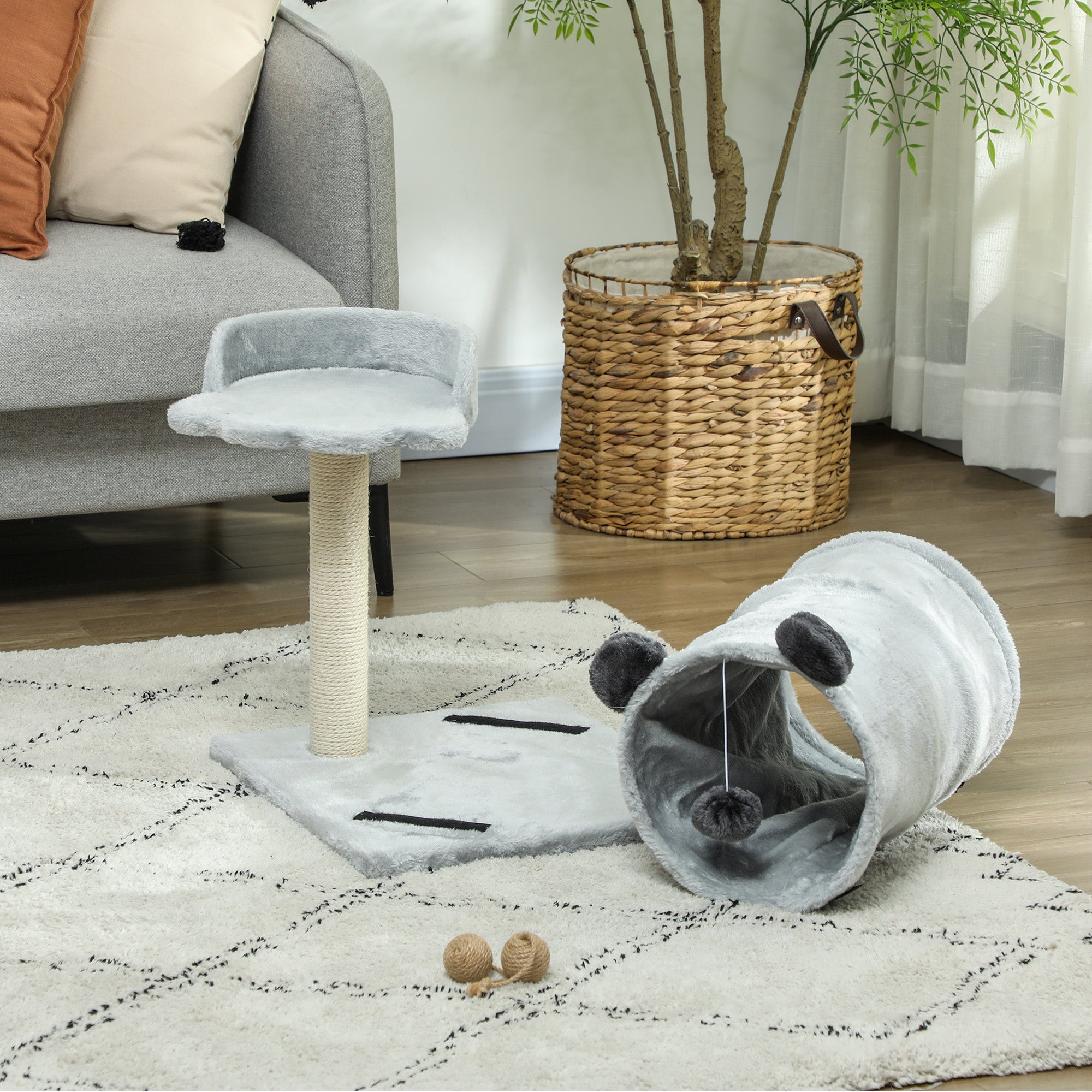 PawHut Cat Tree for Indoor Cats, 47cm Cat Tower with Scratching Post, Cat Bed, Cat Tunnel, Toy Ball, Cute Cat Tree Tower for Kittens and Cats, Grey