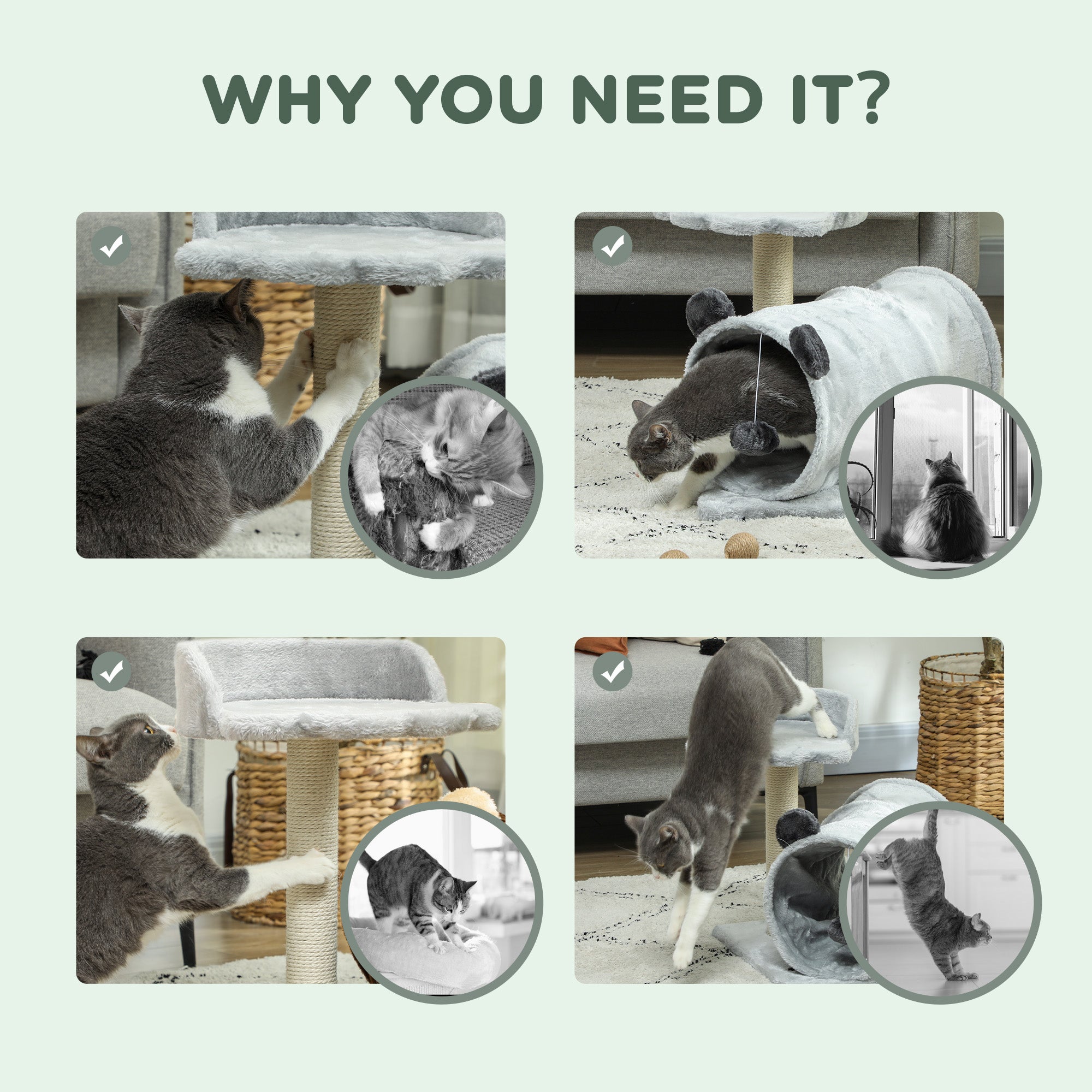 PawHut Cat Tree for Indoor Cats, 47cm Cat Tower with Scratching Post, Cat Bed, Cat Tunnel, Toy Ball, Cute Cat Tree Tower for Kittens and Cats, Grey