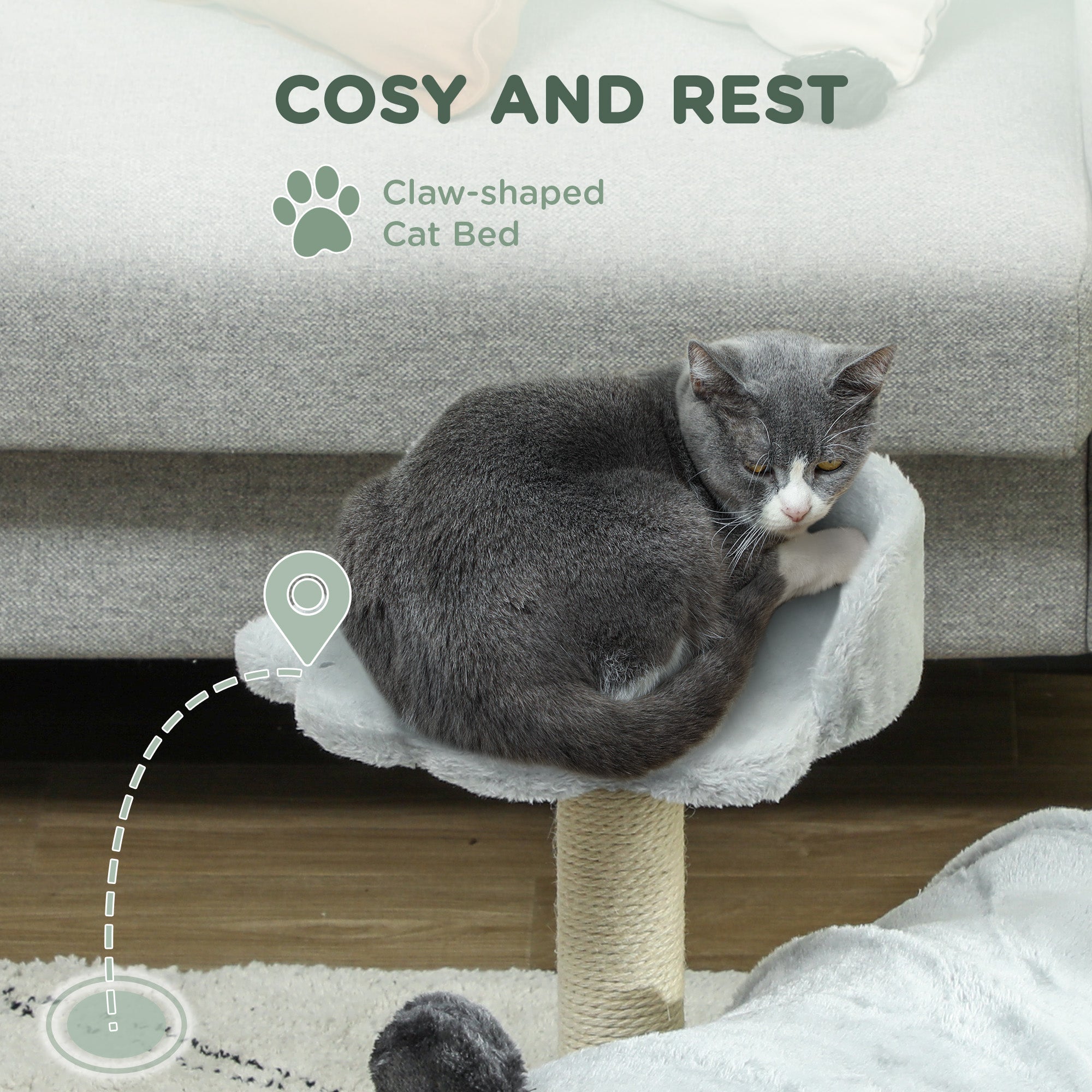 PawHut Cat Tree for Indoor Cats, 47cm Cat Tower with Scratching Post, Cat Bed, Cat Tunnel, Toy Ball, Cute Cat Tree Tower for Kittens and Cats, Grey