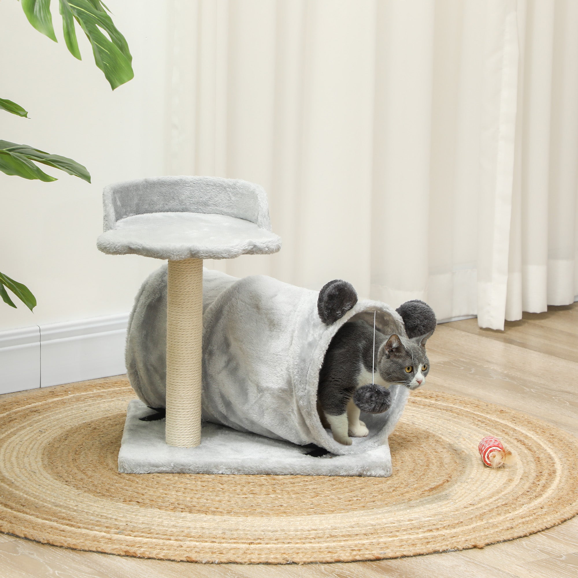 PawHut Cat Tree for Indoor Cats, 47cm Cat Tower with Scratching Post, Cat Bed, Cat Tunnel, Toy Ball, Cute Cat Tree Tower for Kittens and Cats, Grey