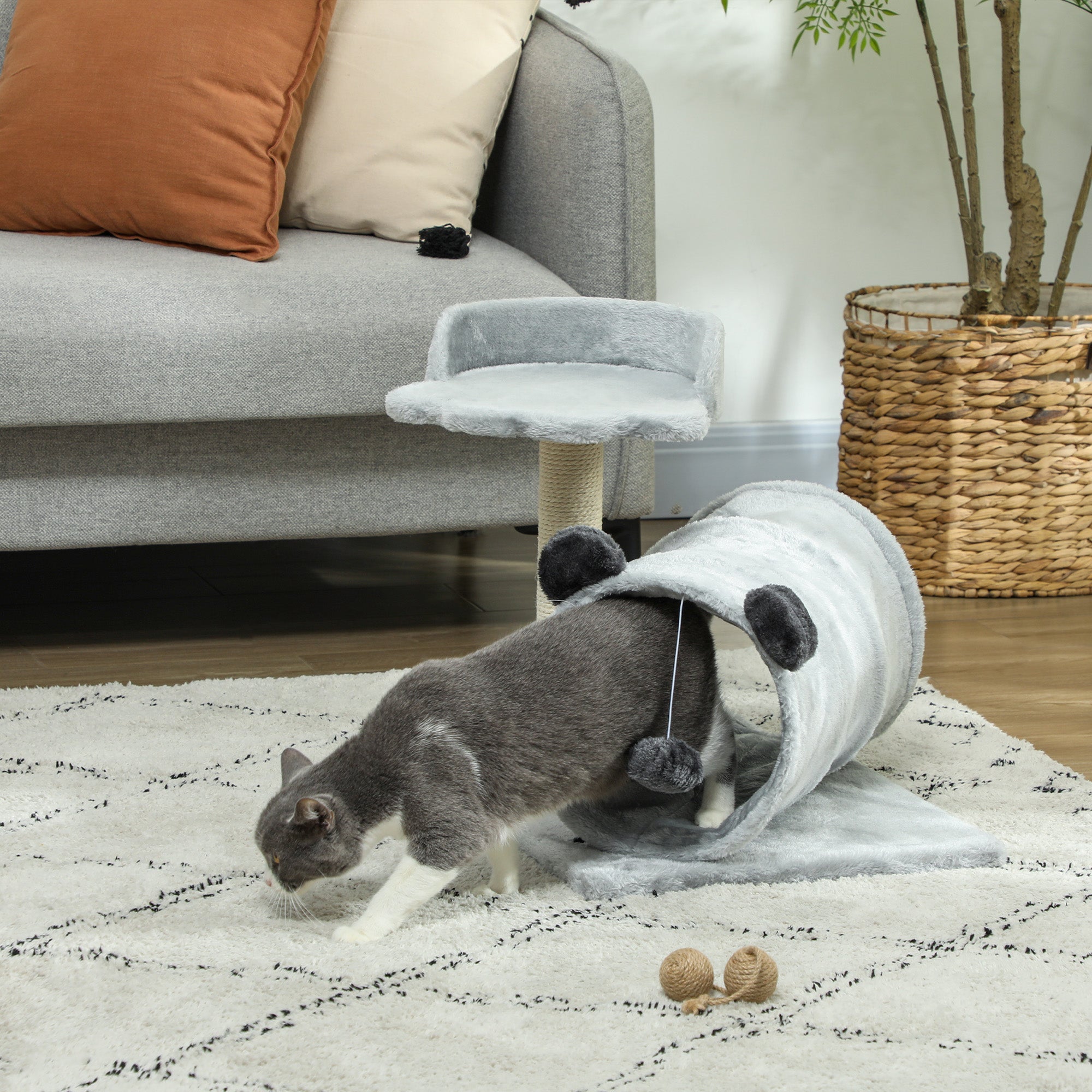 PawHut Cat Tree for Indoor Cats, 47cm Cat Tower with Scratching Post, Cat Bed, Cat Tunnel, Toy Ball, Cute Cat Tree Tower for Kittens and Cats, Grey
