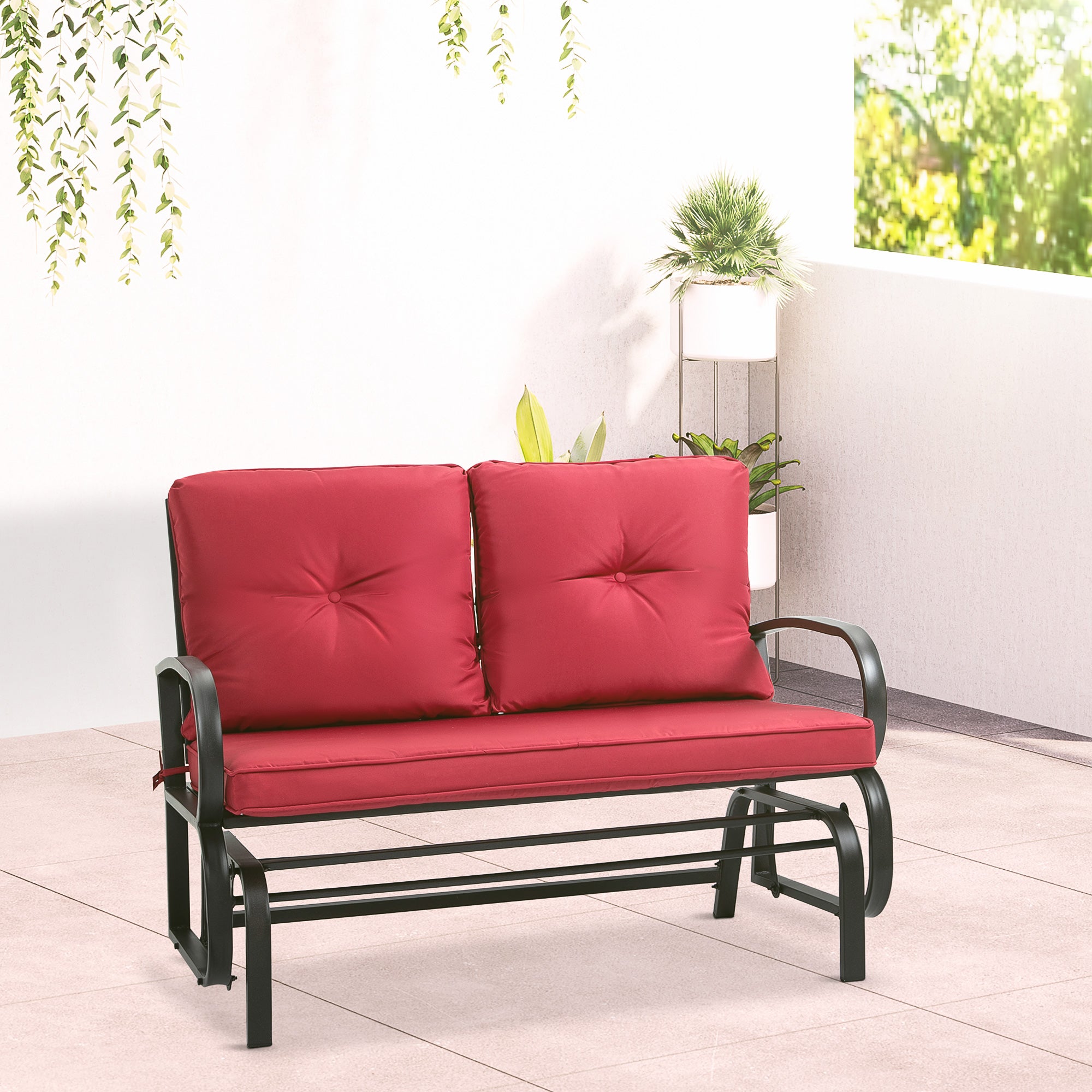 Outsunny 2-Person Outdoor Glider Chair, Patio Double Rocking Loveseat with Steel Frame and Cushions for Backyard, Garden and Porch, Red