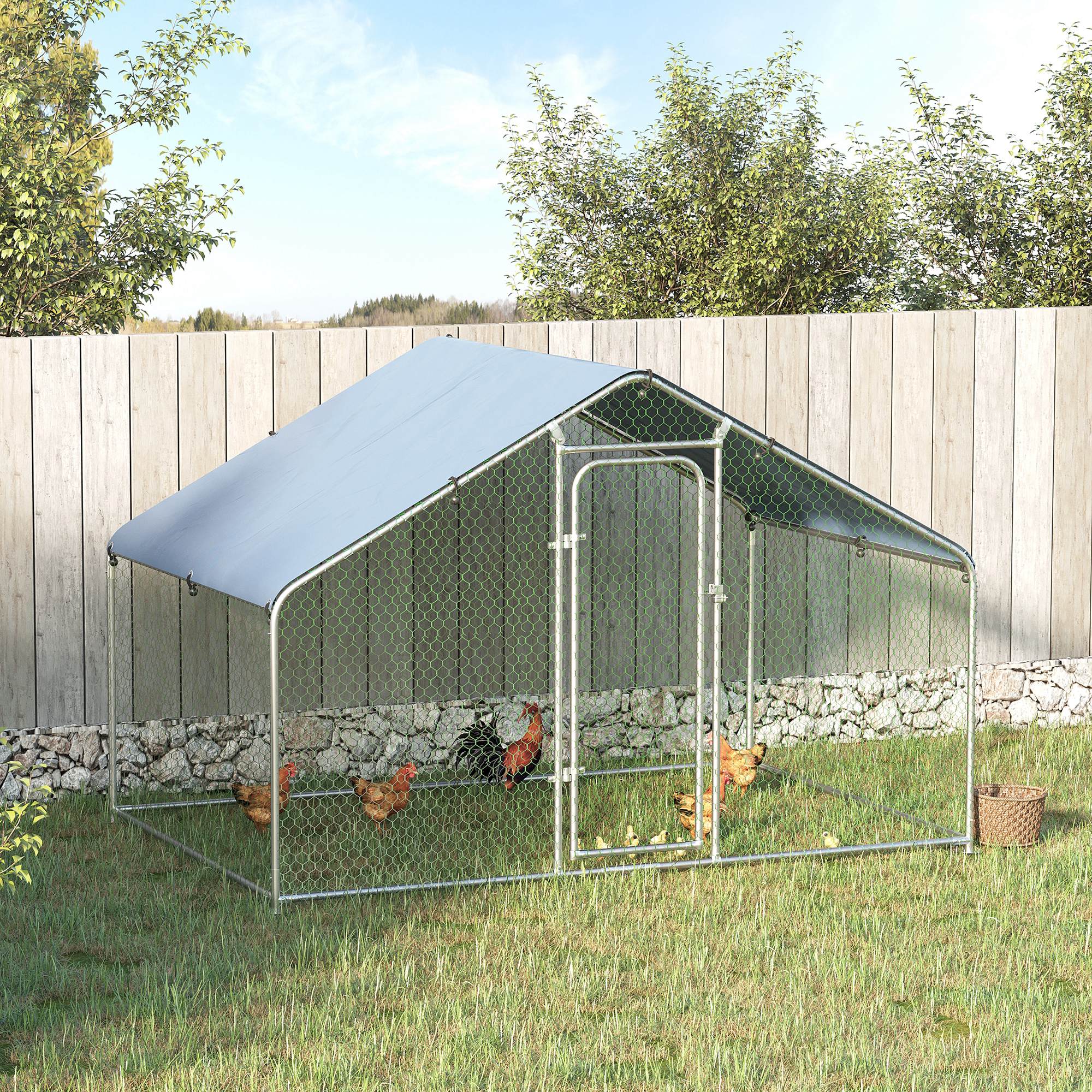 PawHut Large Chicken Coop Metal Chicken Run with Waterproof and Anti-UV Cover, Spire Shaped Walk-in Fence Cage Hen House for Outdoor and Yard Farm Use, 1.3" Tube Diameter, 9.8' x 6.6' x 6.4'