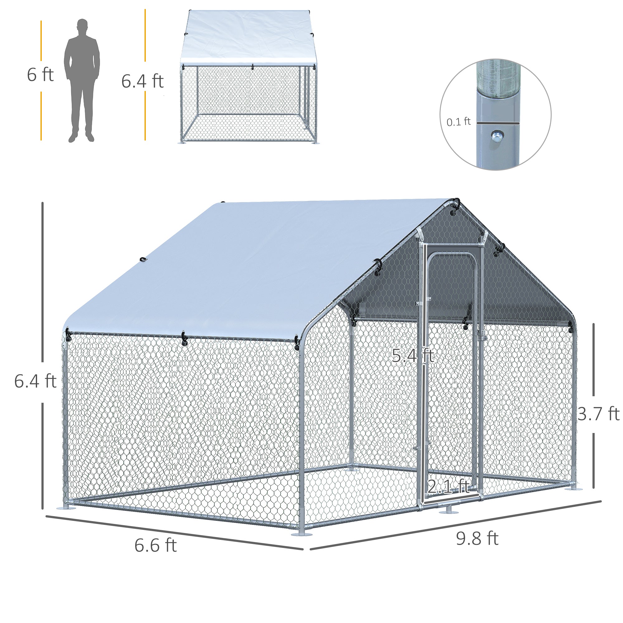 PawHut Large Chicken Coop Metal Chicken Run with Waterproof and Anti-UV Cover, Spire Shaped Walk-in Fence Cage Hen House for Outdoor and Yard Farm Use, 1.3" Tube Diameter, 9.8' x 6.6' x 6.4'