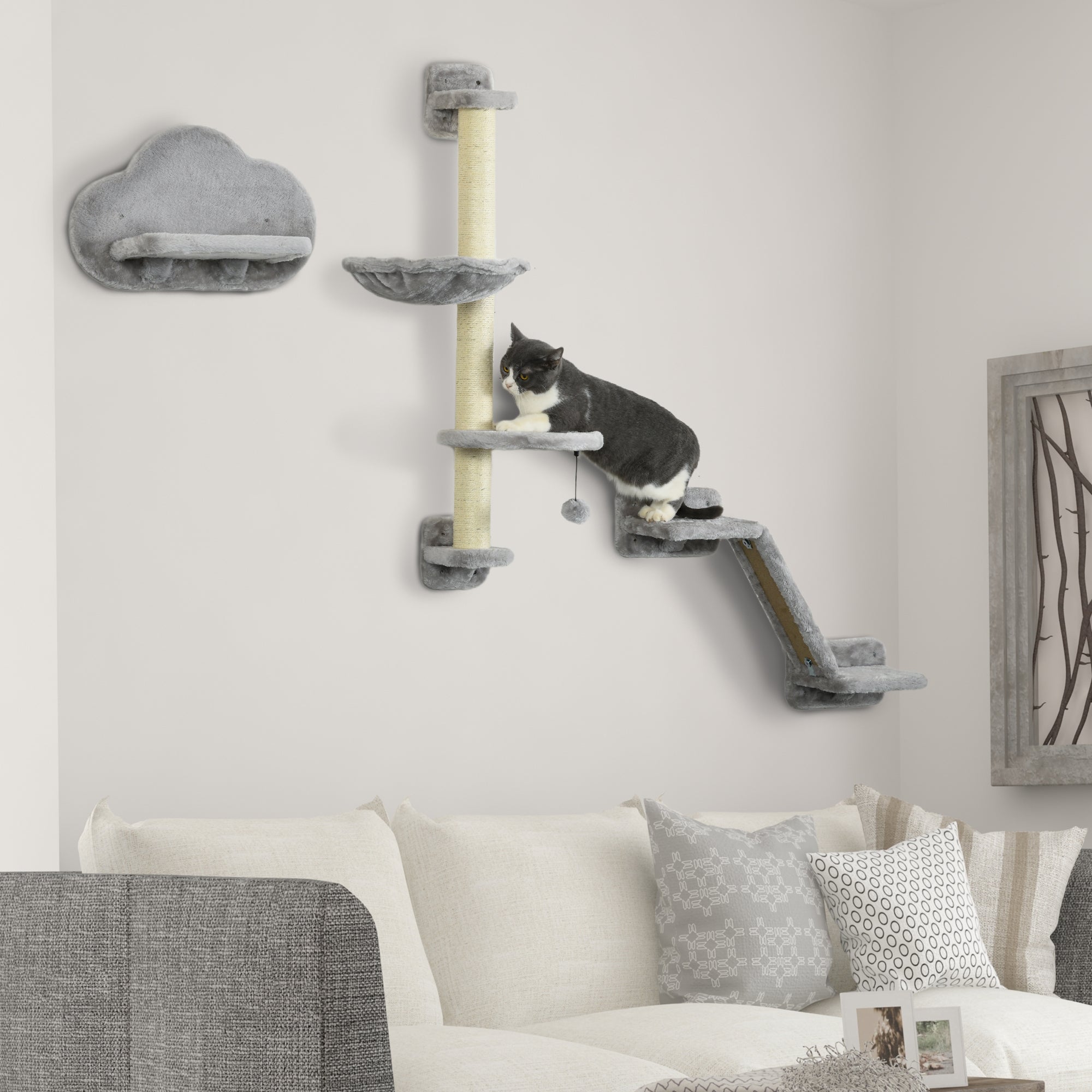 PawHut 3Pcs Cat Wall Shelf with Scratching Post, Cat Wall Shelves for Relaxing, Climbing, Cat Wall With Soft Ladder, Scratching Board, Hammock, Grey