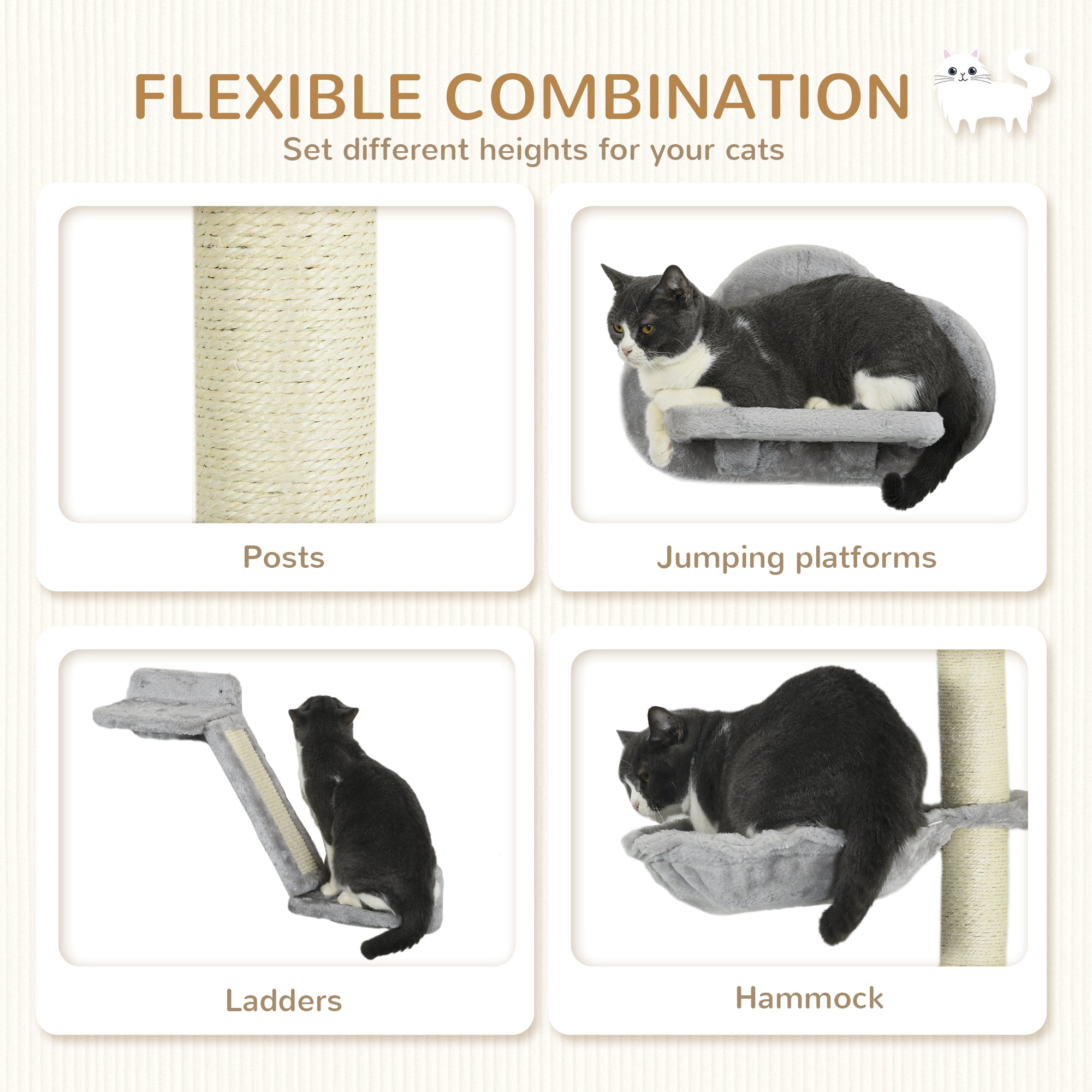 PawHut 3Pcs Cat Wall Shelf with Scratching Post, Cat Wall Shelves for Relaxing, Climbing, Cat Wall With Soft Ladder, Scratching Board, Hammock, Grey