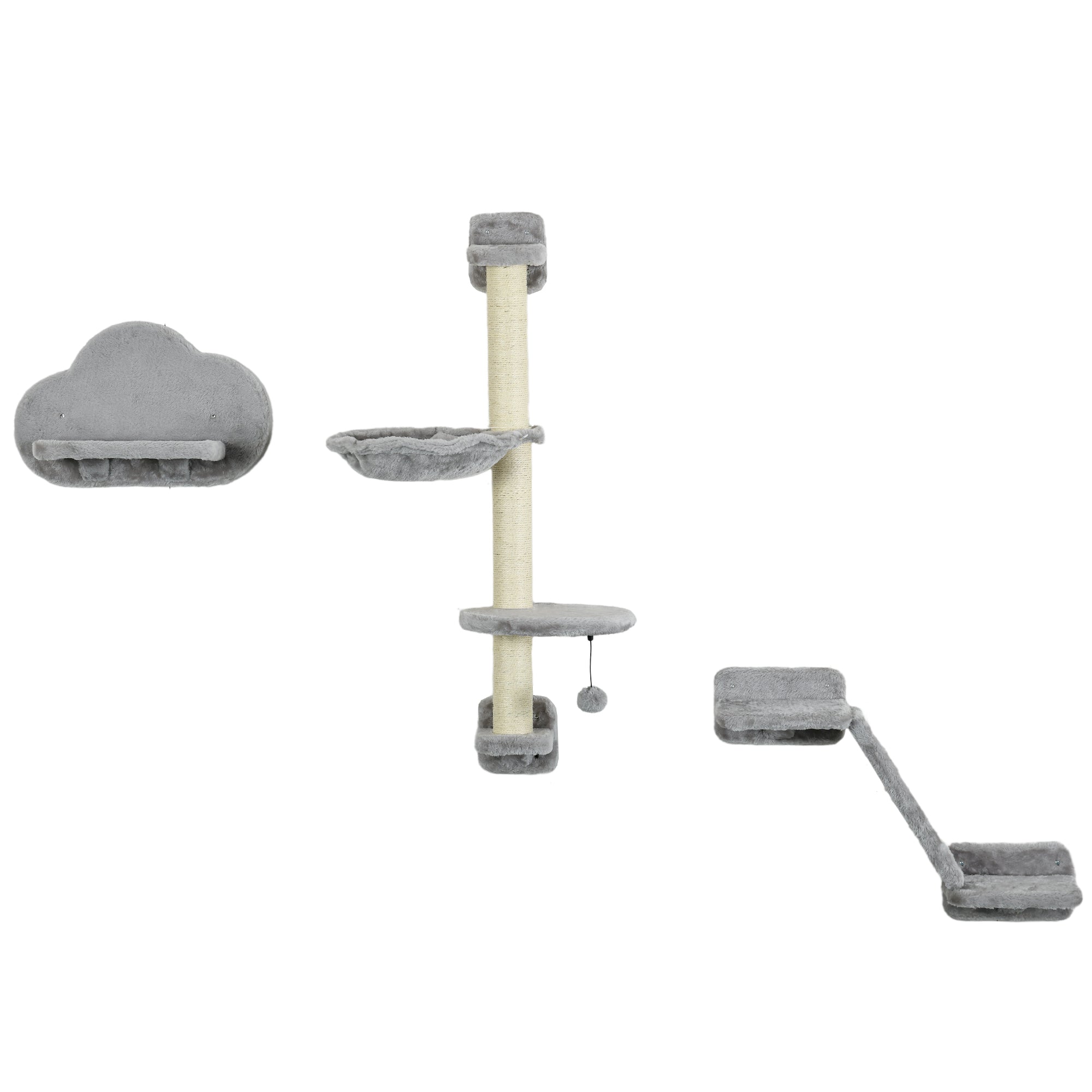 PawHut 3Pcs Cat Wall Shelf with Scratching Post, Cat Wall Shelves for Relaxing, Climbing, Cat Wall With Soft Ladder, Scratching Board, Hammock, Grey