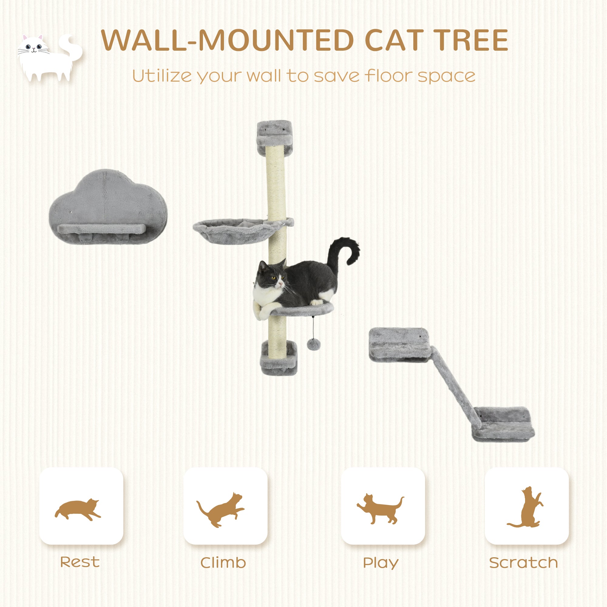 PawHut 3Pcs Cat Wall Shelf with Scratching Post, Cat Wall Shelves for Relaxing, Climbing, Cat Wall With Soft Ladder, Scratching Board, Hammock, Grey
