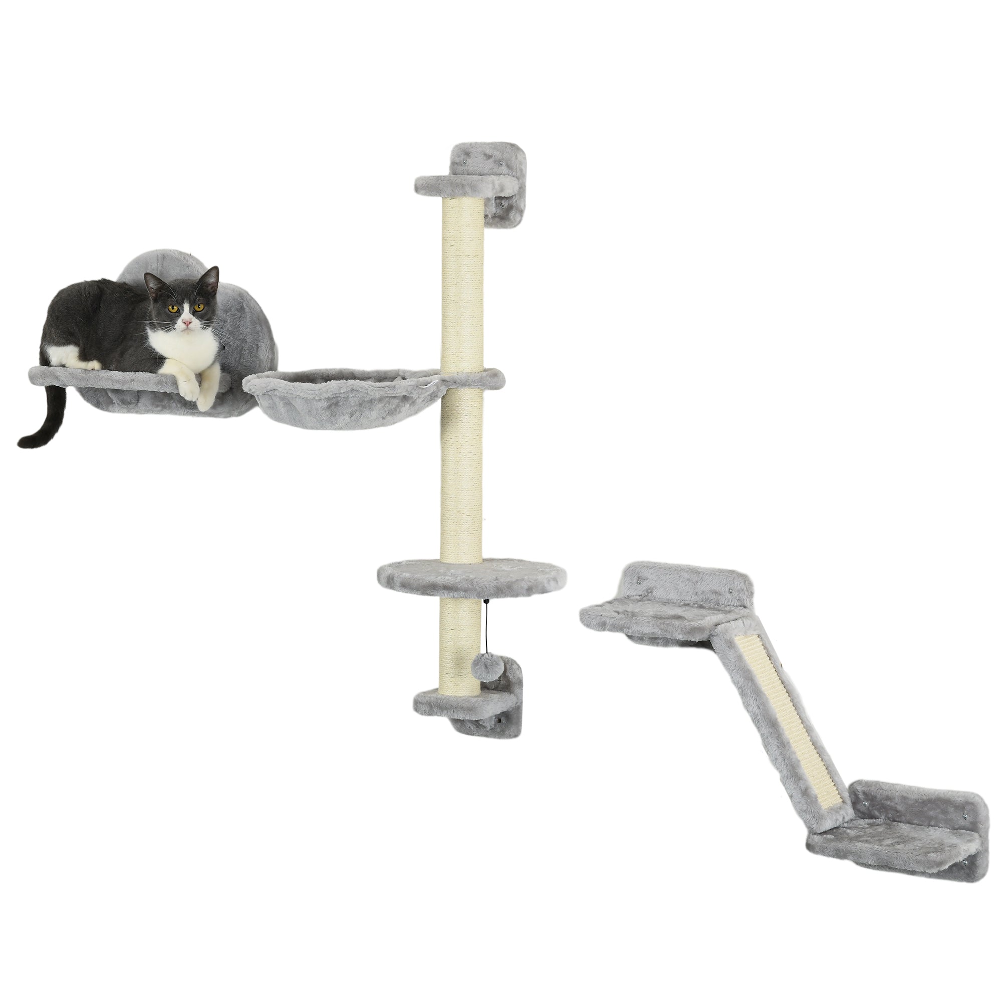 PawHut 3Pcs Cat Wall Shelf with Scratching Post, Cat Wall Shelves for Relaxing, Climbing, Cat Wall With Soft Ladder, Scratching Board, Hammock, Grey