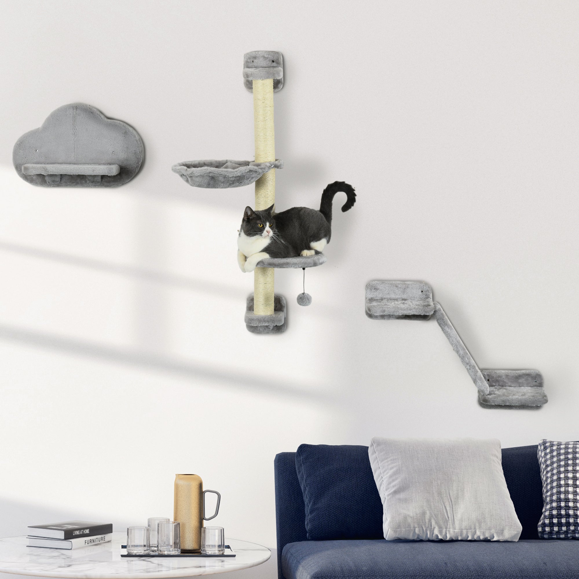 PawHut 3Pcs Cat Wall Shelf with Scratching Post, Cat Wall Shelves for Relaxing, Climbing, Cat Wall With Soft Ladder, Scratching Board, Hammock, Grey