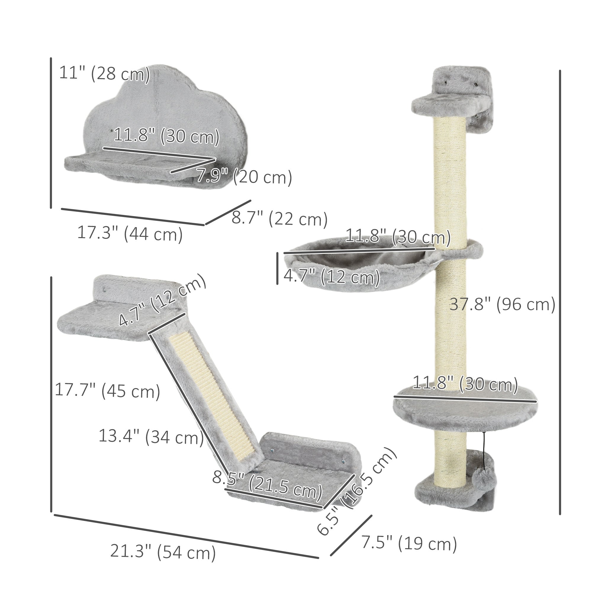 PawHut 3Pcs Cat Wall Shelf with Scratching Post, Cat Wall Shelves for Relaxing, Climbing, Cat Wall With Soft Ladder, Scratching Board, Hammock, Grey