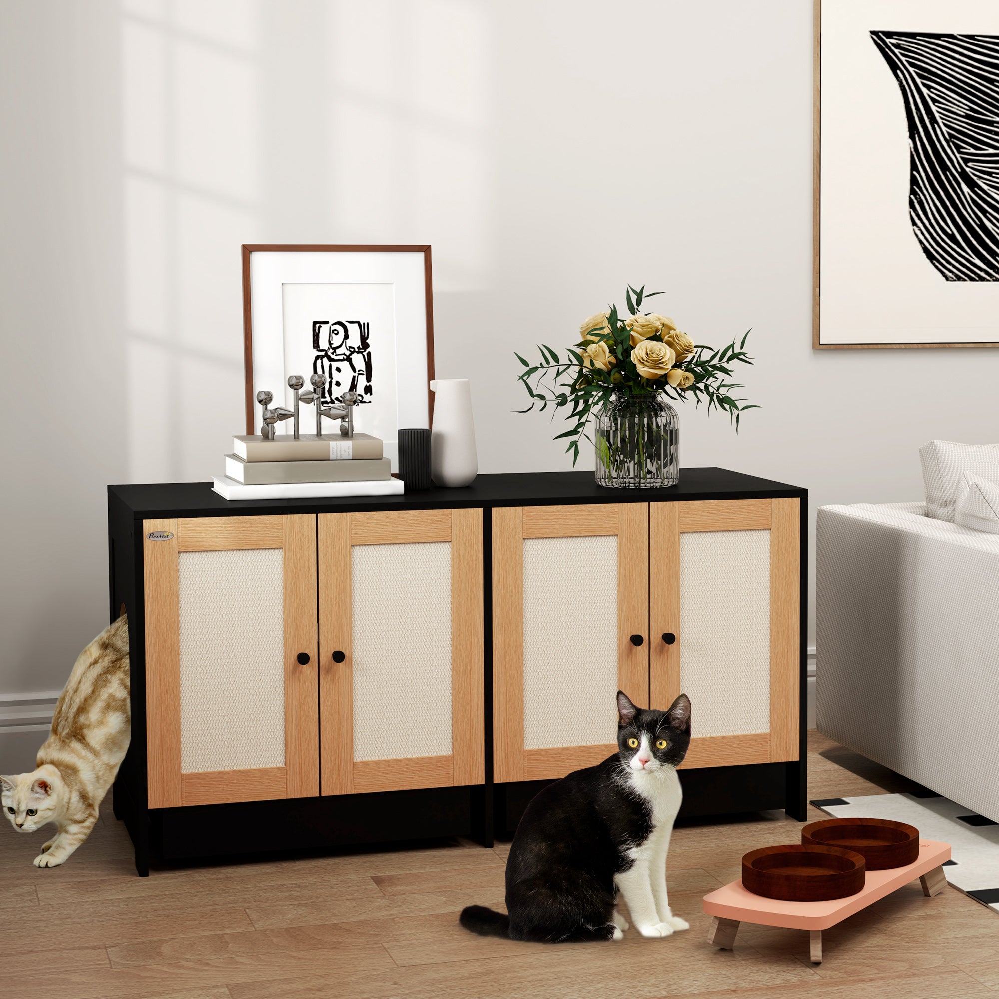 PawhHut Double Cat Litter Box Enclosure, Hidden Litter Box Furniture for 2 Cats, Large Cat Box Furniture Side Table with 2 Cabinets, Scratching Mats, Trays, for Living Room, Bedroom, Black